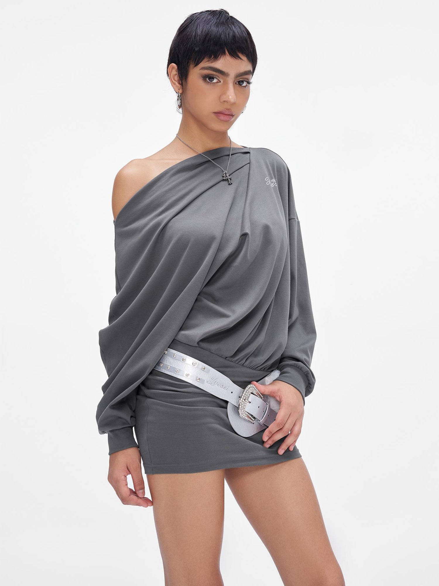 JYOSEI Grey Off Shoulder Draped Asymmetrical Slit Maxi Dress