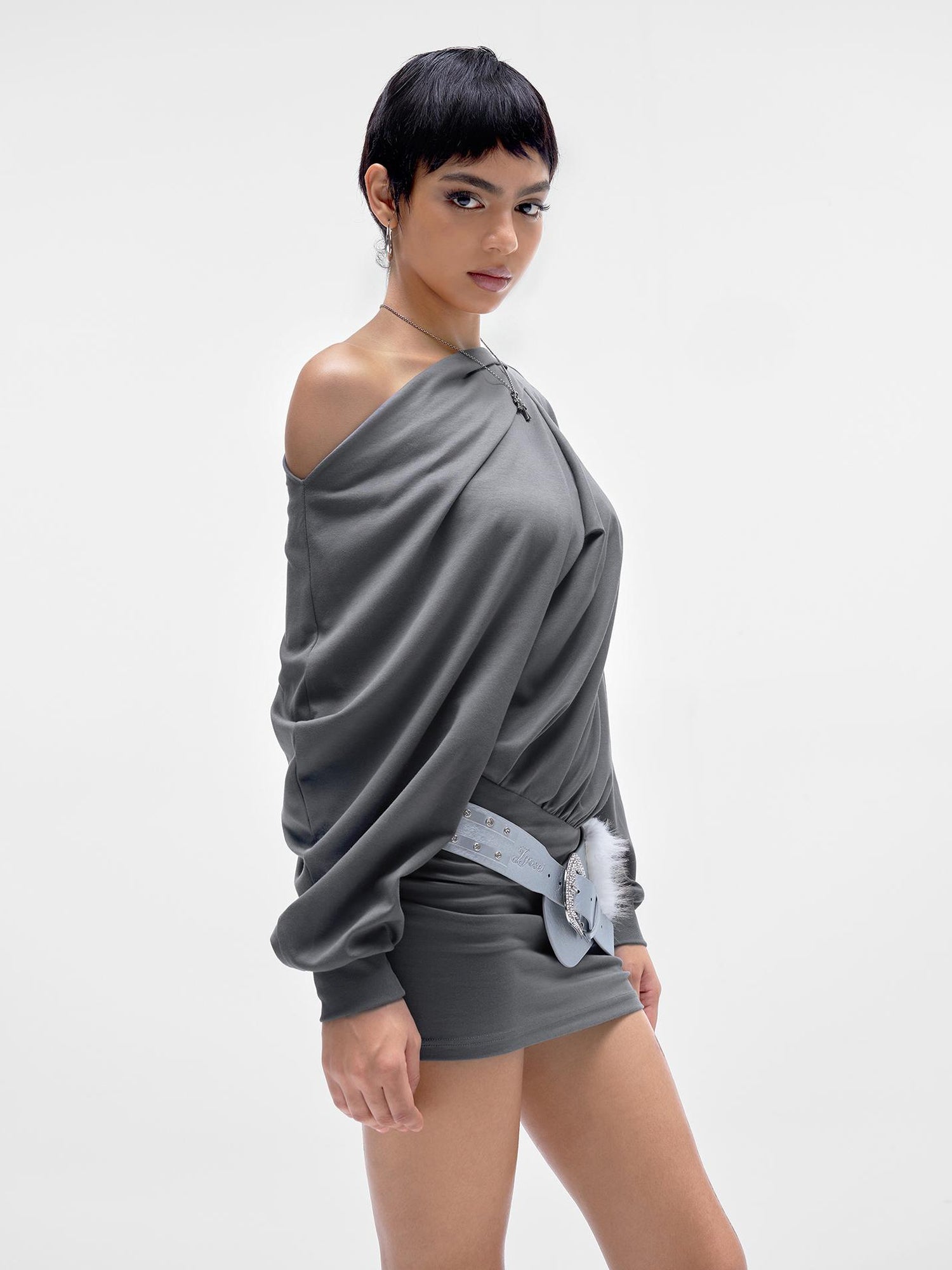 JYOSEI Grey Off Shoulder Draped Asymmetrical Slit Maxi Dress