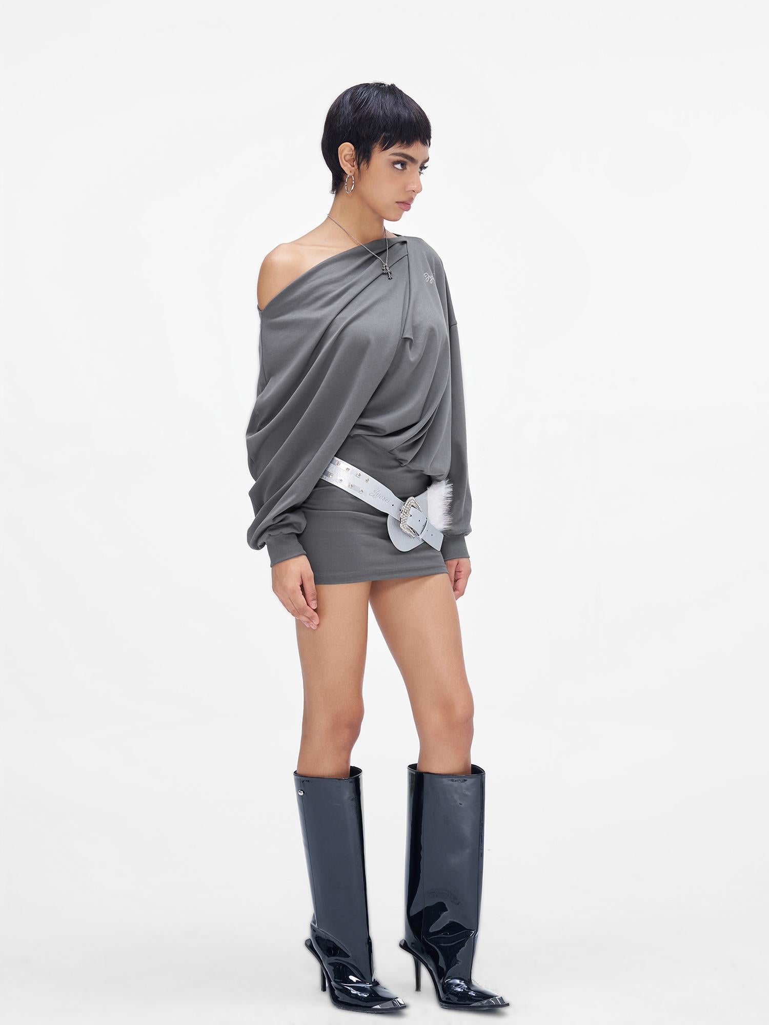 JYOSEI Grey Off Shoulder Draped Asymmetrical Slit Maxi Dress