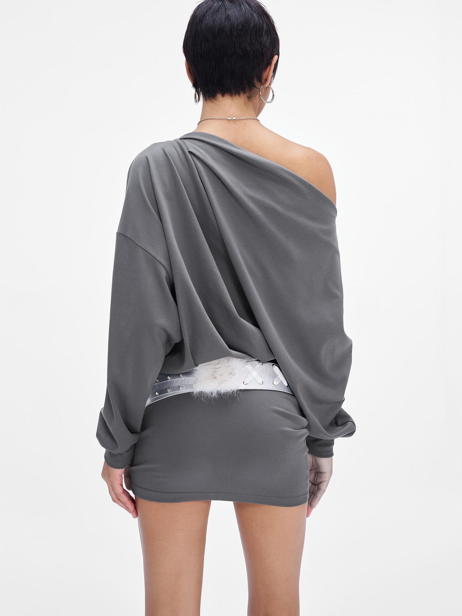 JYOSEI Grey Off Shoulder Draped Asymmetrical Slit Maxi Dress