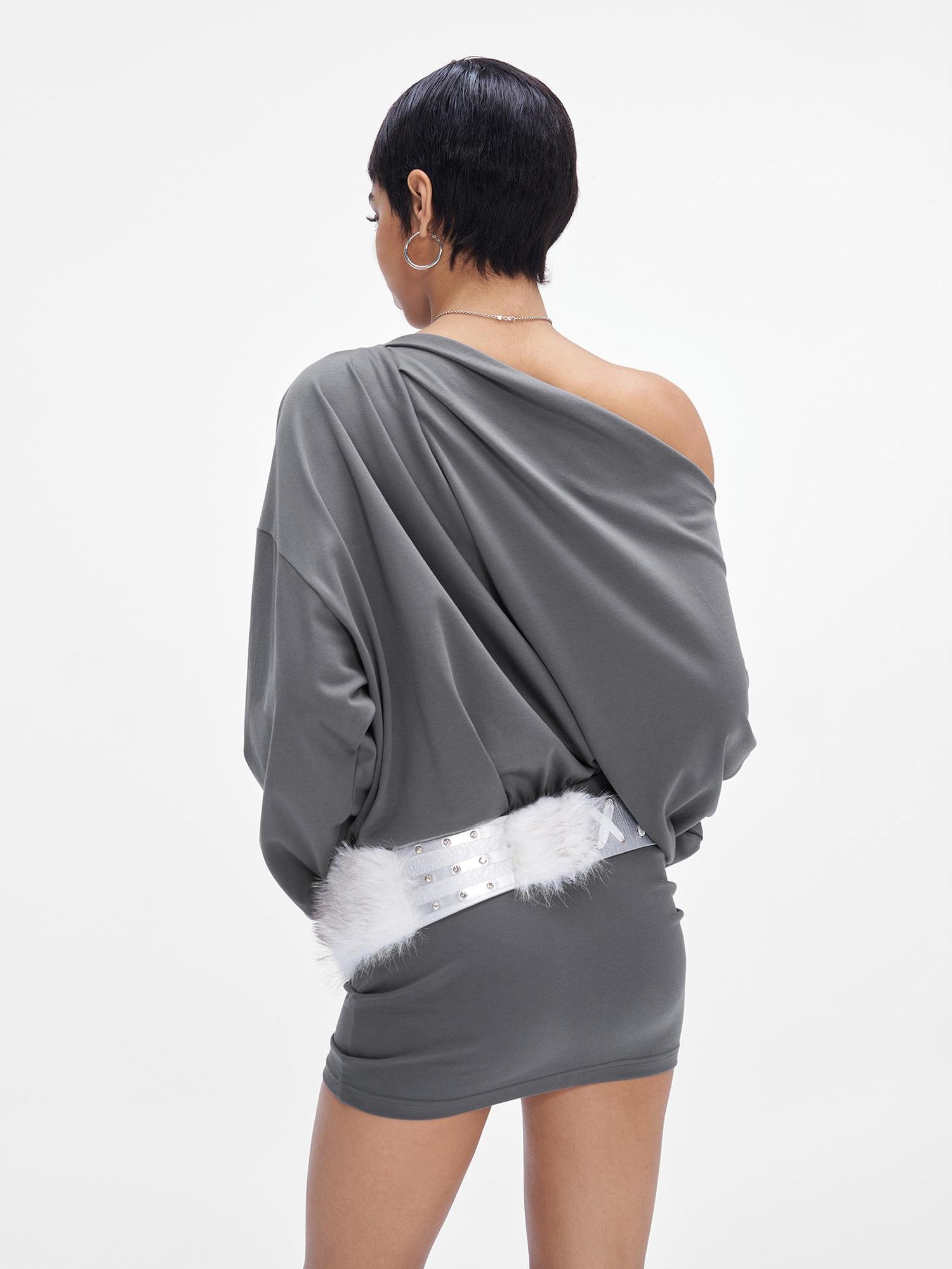 JYOSEI Grey Off Shoulder Draped Asymmetrical Slit Maxi Dress