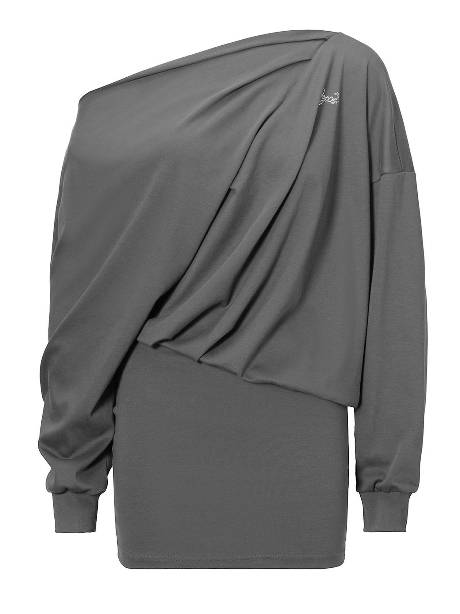 JYOSEI Grey Off Shoulder Draped Asymmetrical Slit Maxi Dress