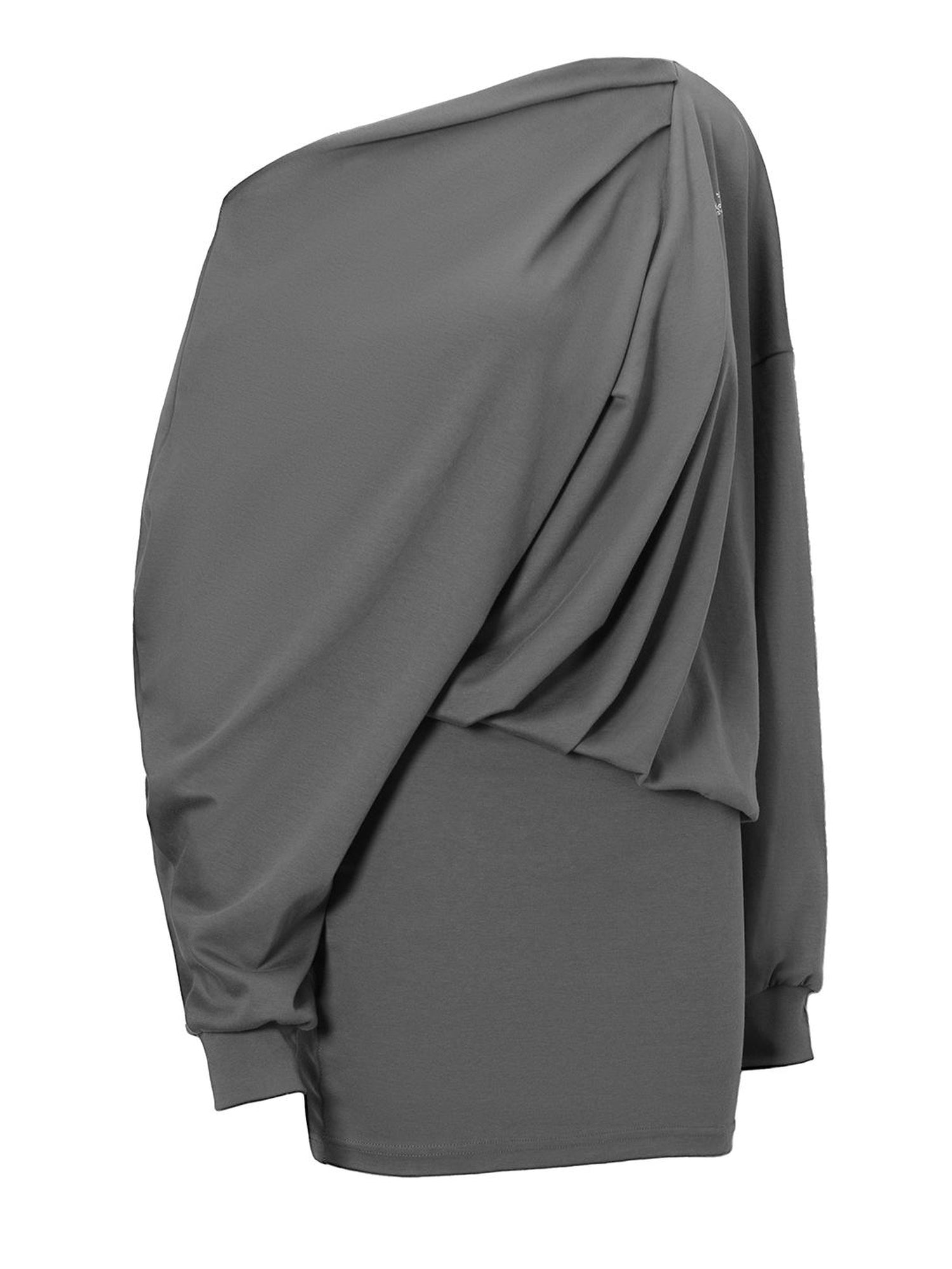 JYOSEI Grey Off Shoulder Draped Asymmetrical Slit Maxi Dress
