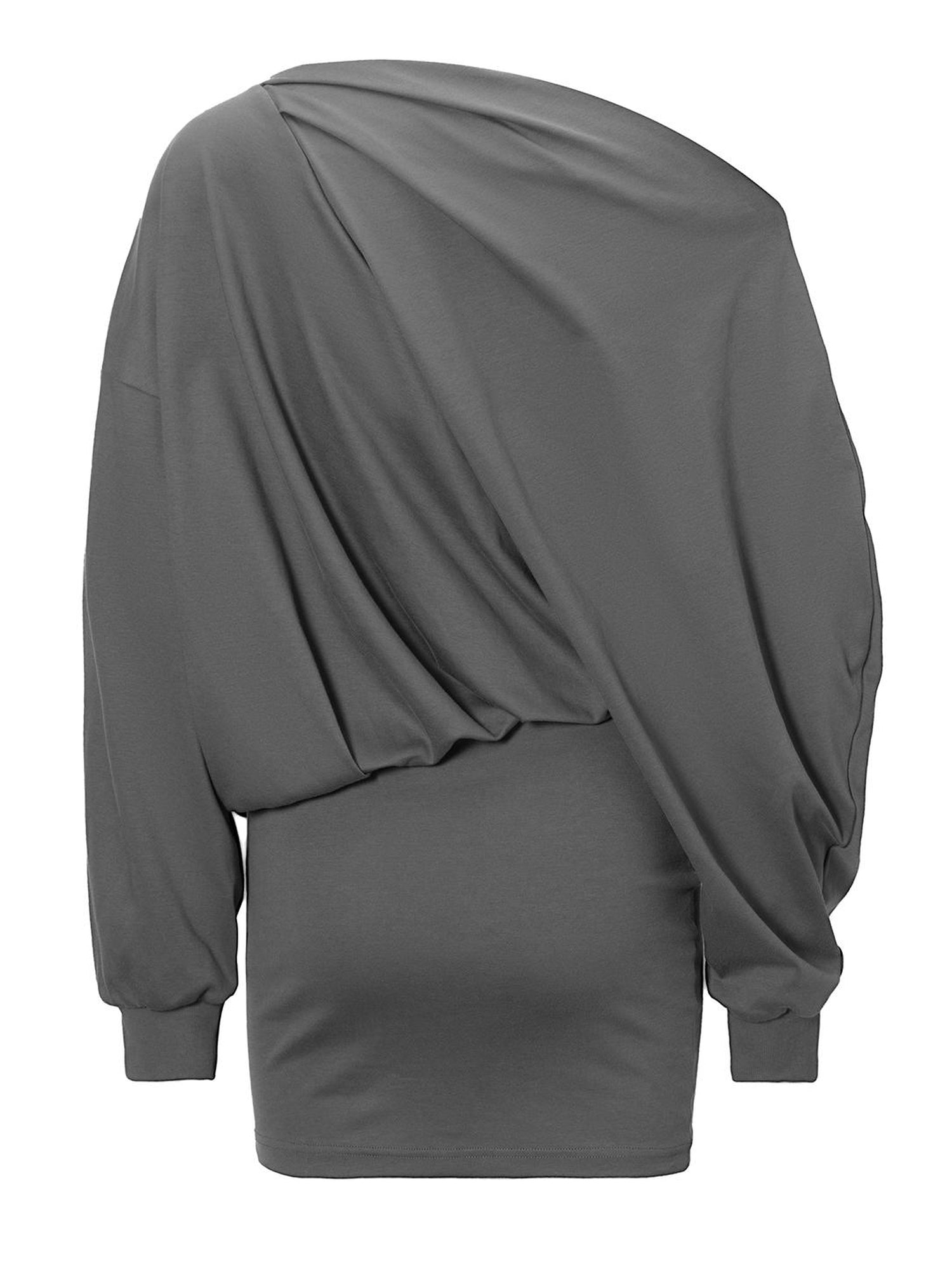 JYOSEI Grey Off Shoulder Draped Asymmetrical Slit Maxi Dress