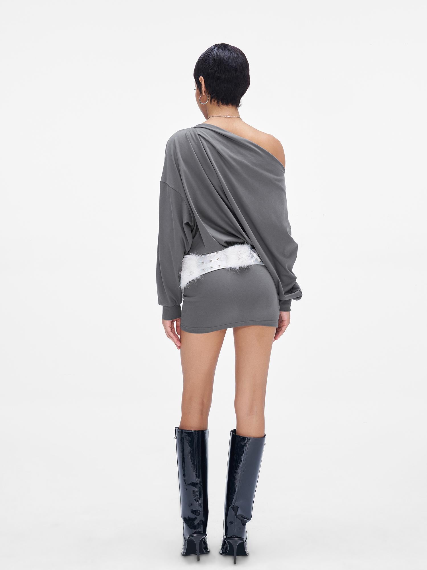 JYOSEI Grey Off Shoulder Draped Asymmetrical Slit Maxi Dress