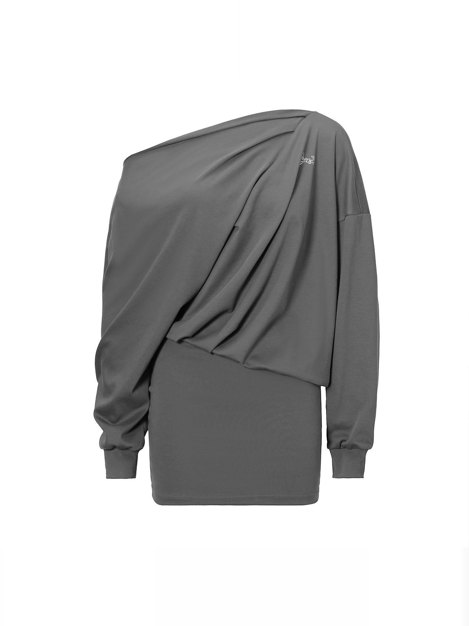 JYOSEI Grey Off Shoulder Draped Asymmetrical Slit Maxi Dress