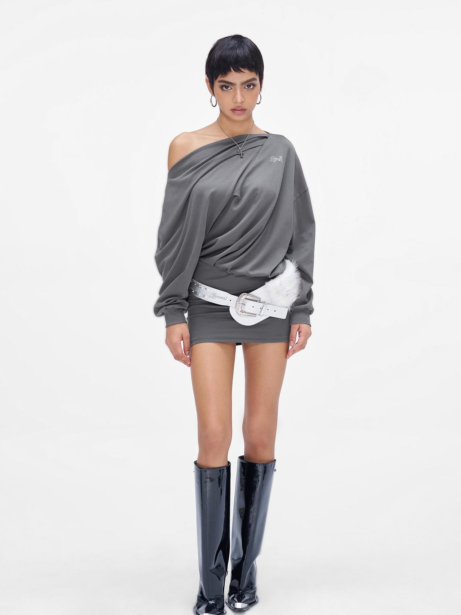 JYOSEI Grey Off Shoulder Draped Asymmetrical Slit Maxi Dress