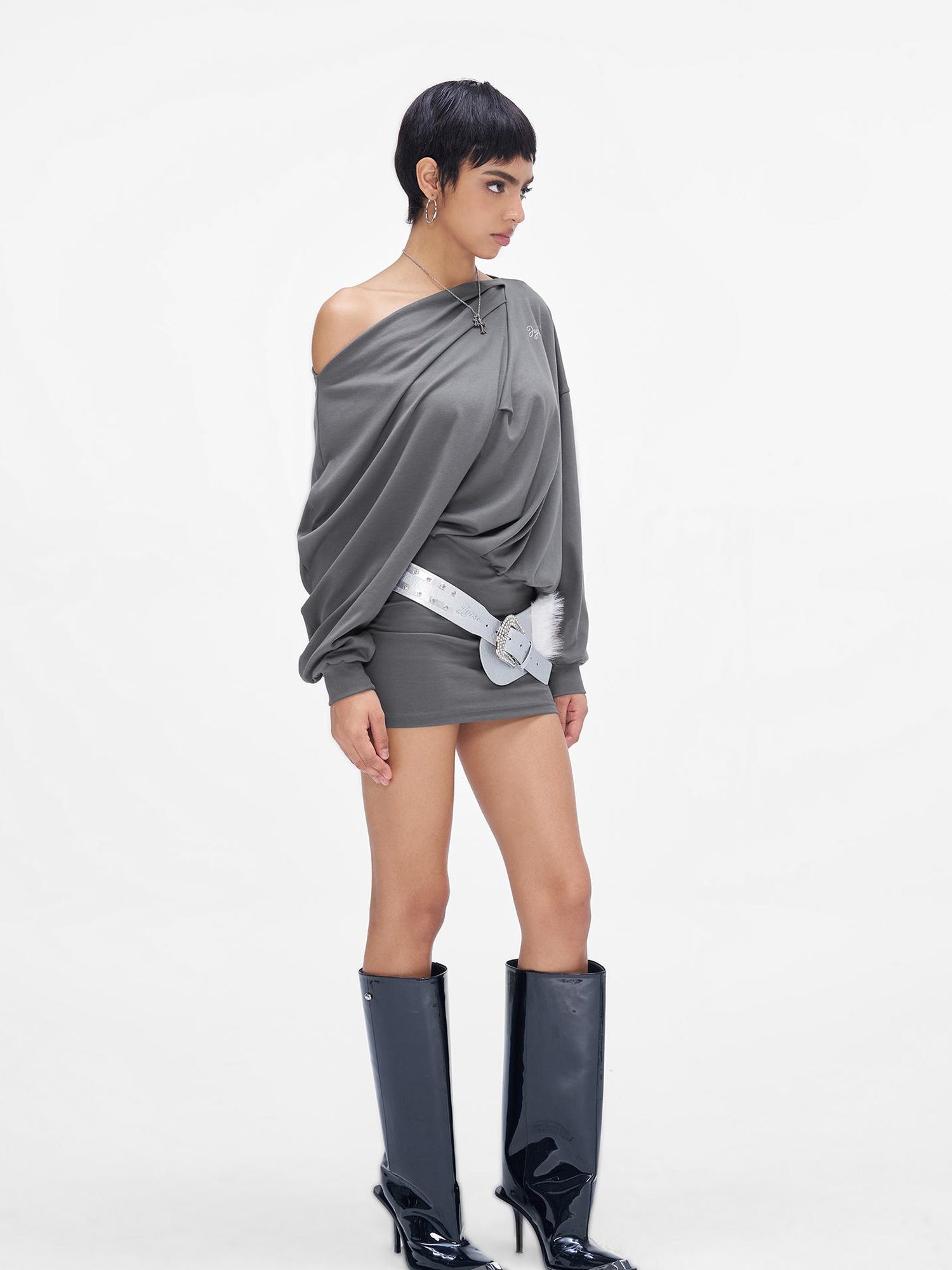 JYOSEI Grey Off Shoulder Draped Asymmetrical Slit Maxi Dress