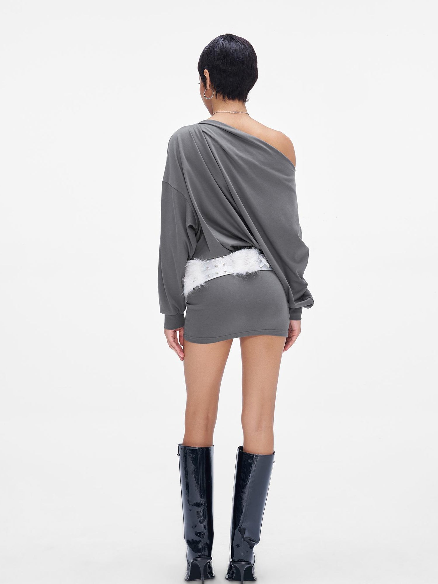 JYOSEI Grey Off Shoulder Draped Asymmetrical Slit Maxi Dress