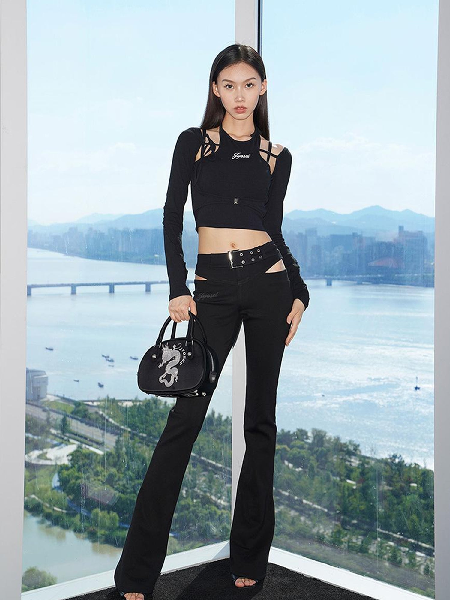 JYOSEI Halter Neck Ribbed Long Sleeve Top With Lace Trim