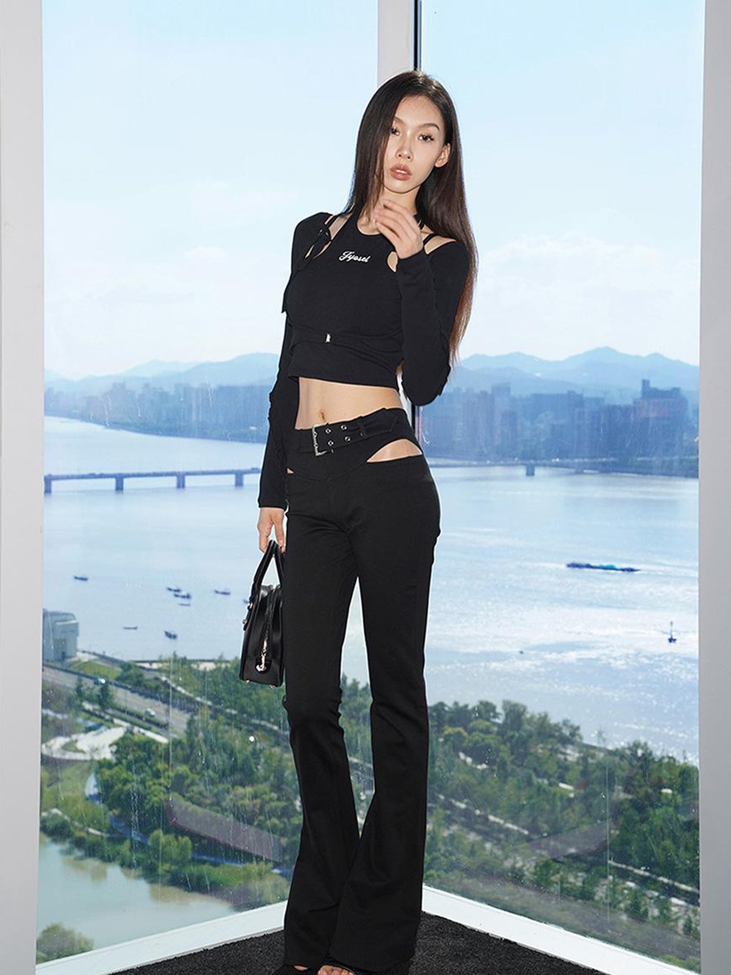 JYOSEI Halter Neck Ribbed Long Sleeve Top With Lace Trim