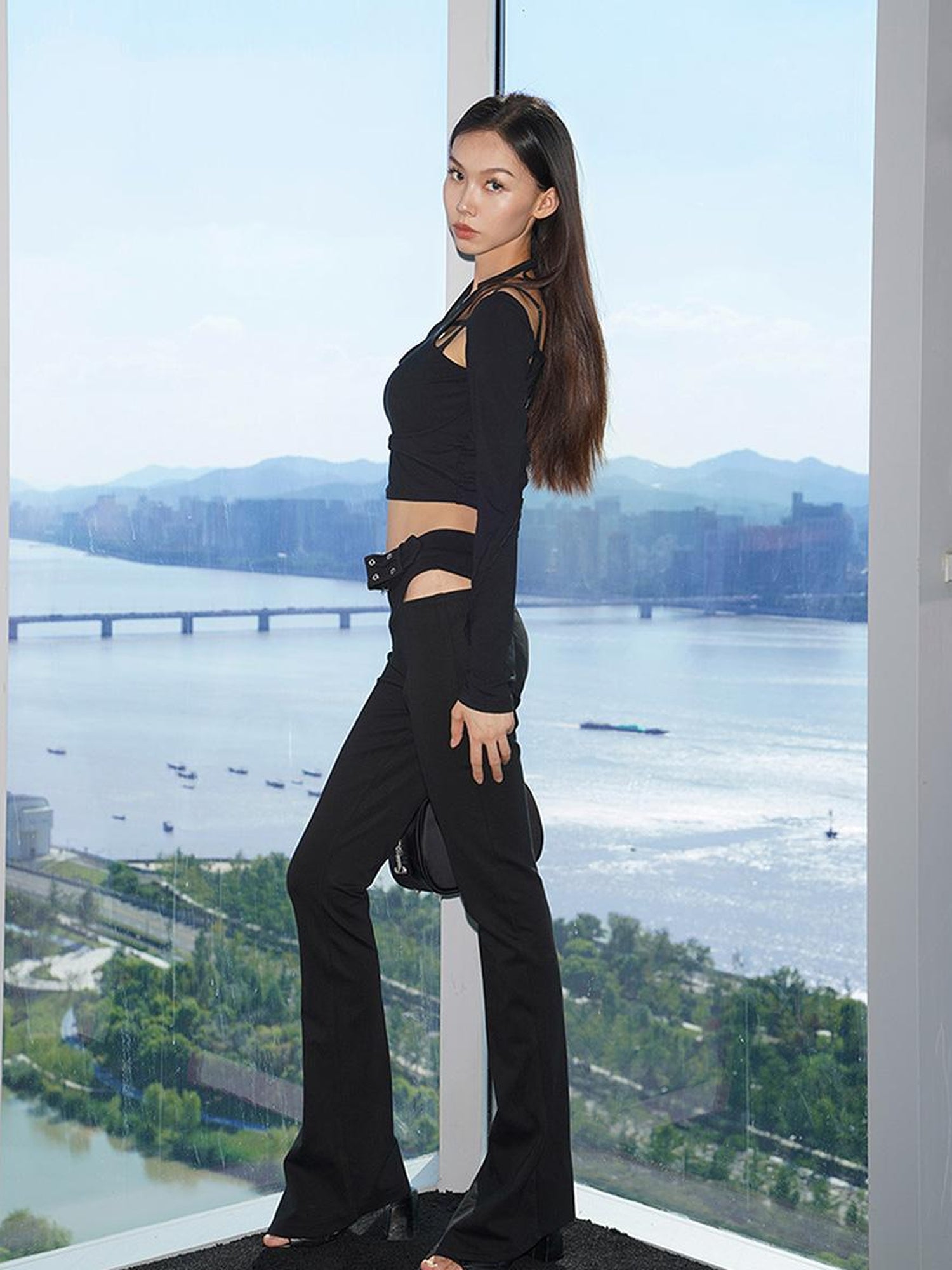 JYOSEI Halter Neck Ribbed Long Sleeve Top With Lace Trim