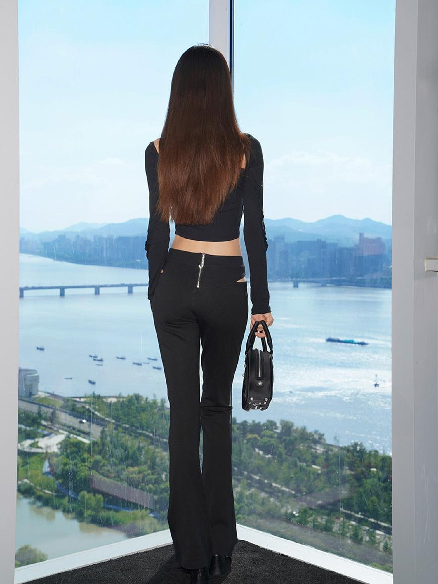 JYOSEI Halter Neck Ribbed Long Sleeve Top With Lace Trim