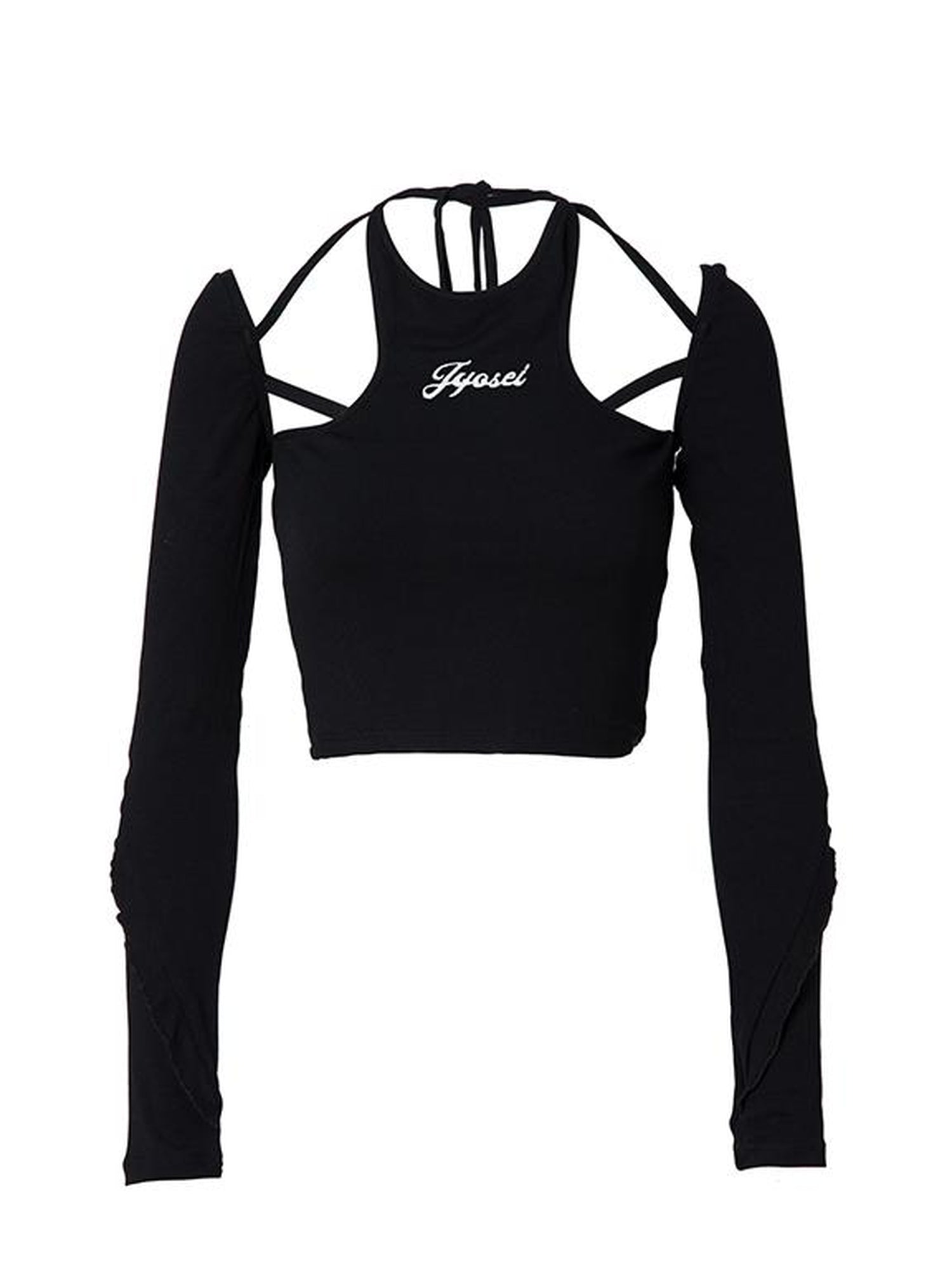 JYOSEI Halter Neck Ribbed Long Sleeve Top With Lace Trim