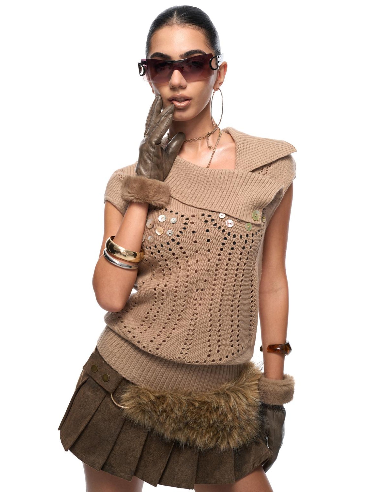 JYOSEI Hand Knitted Wool Sheer Knit Top With Mother Of Pearl Buttons