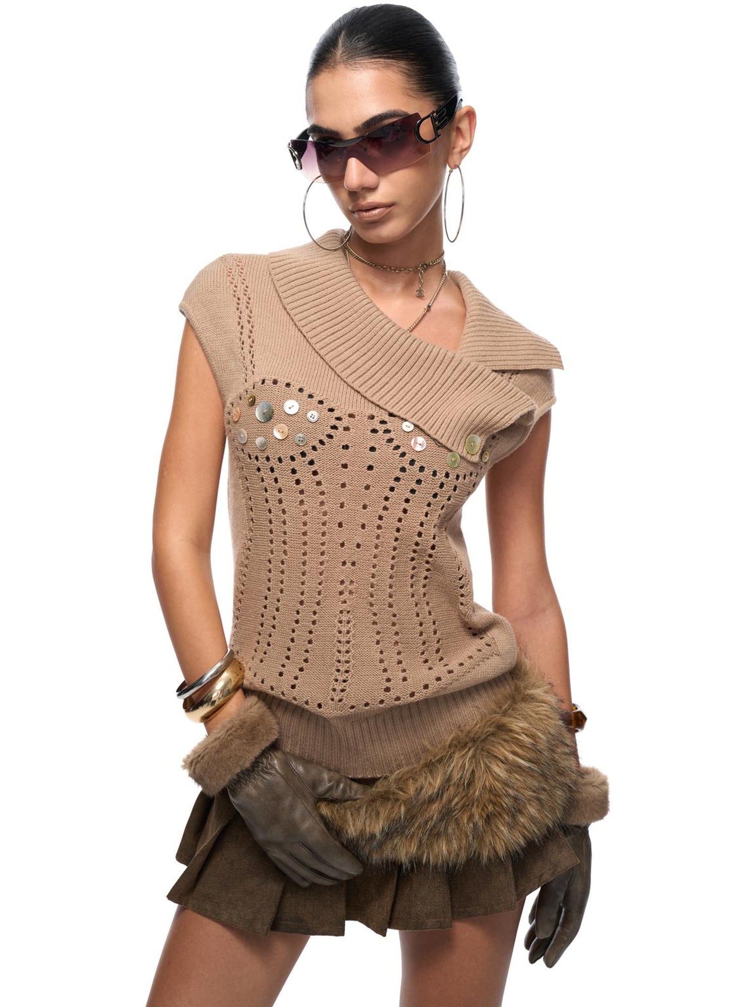 JYOSEI Hand Knitted Wool Sheer Knit Top With Mother Of Pearl Buttons