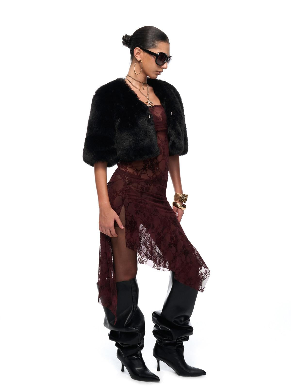 JYOSEI Insulated Full Faux Fur Loose Fit V-ceck Women Black Polyester Jacket