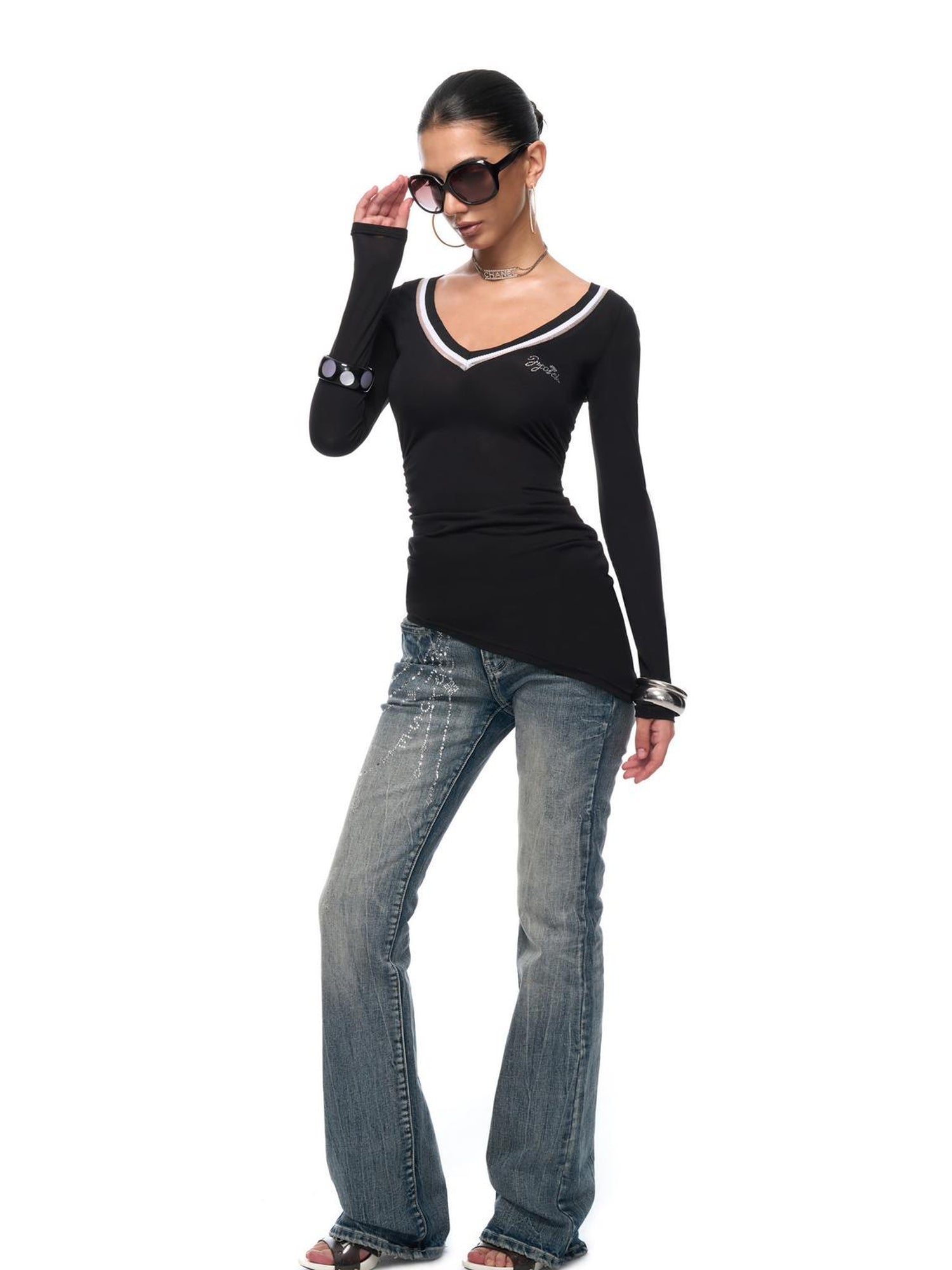 JYOSEI Irregular Bias Cut V Neck Mesh Paneled Ruched Bodycon Knit Top