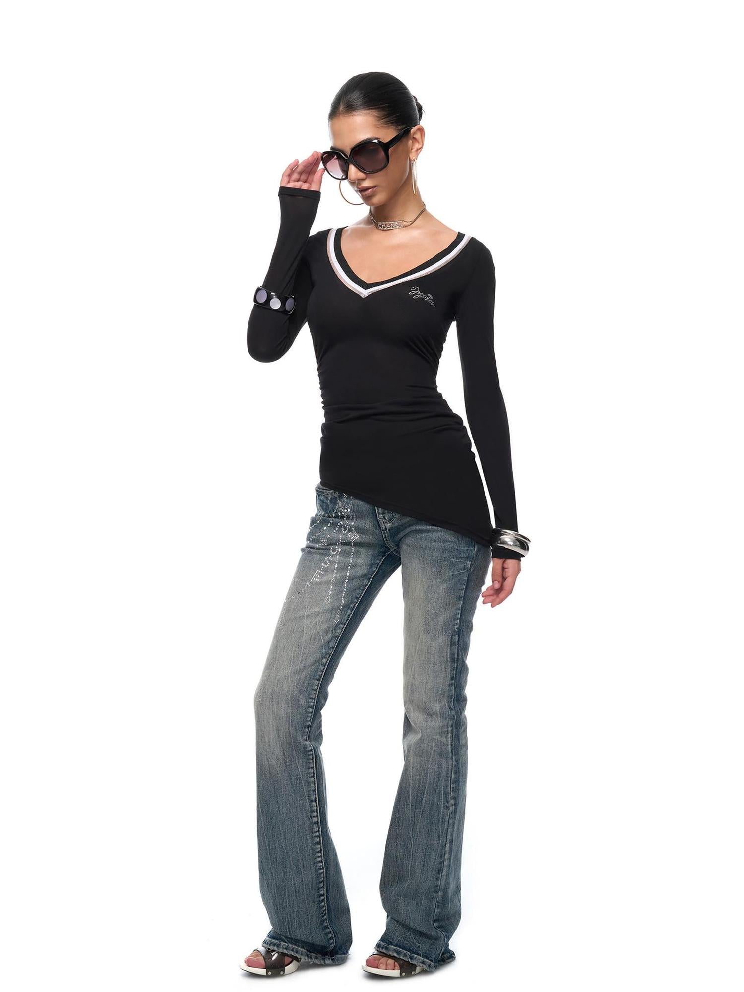 JYOSEI Irregular Bias Cut V Neck Mesh Paneled Ruched Bodycon Knit Top