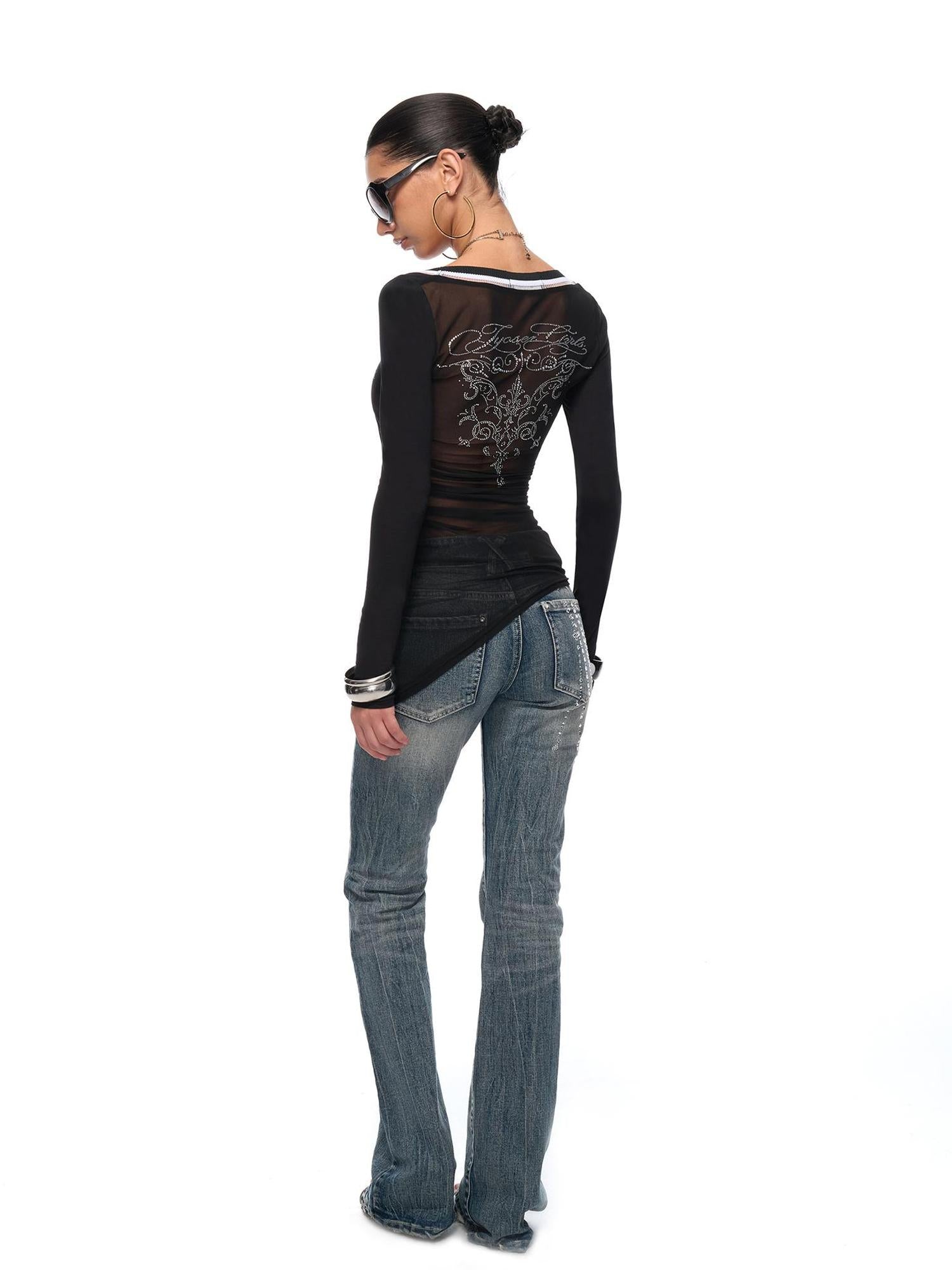 JYOSEI Irregular Bias Cut V Neck Mesh Paneled Ruched Bodycon Knit Top