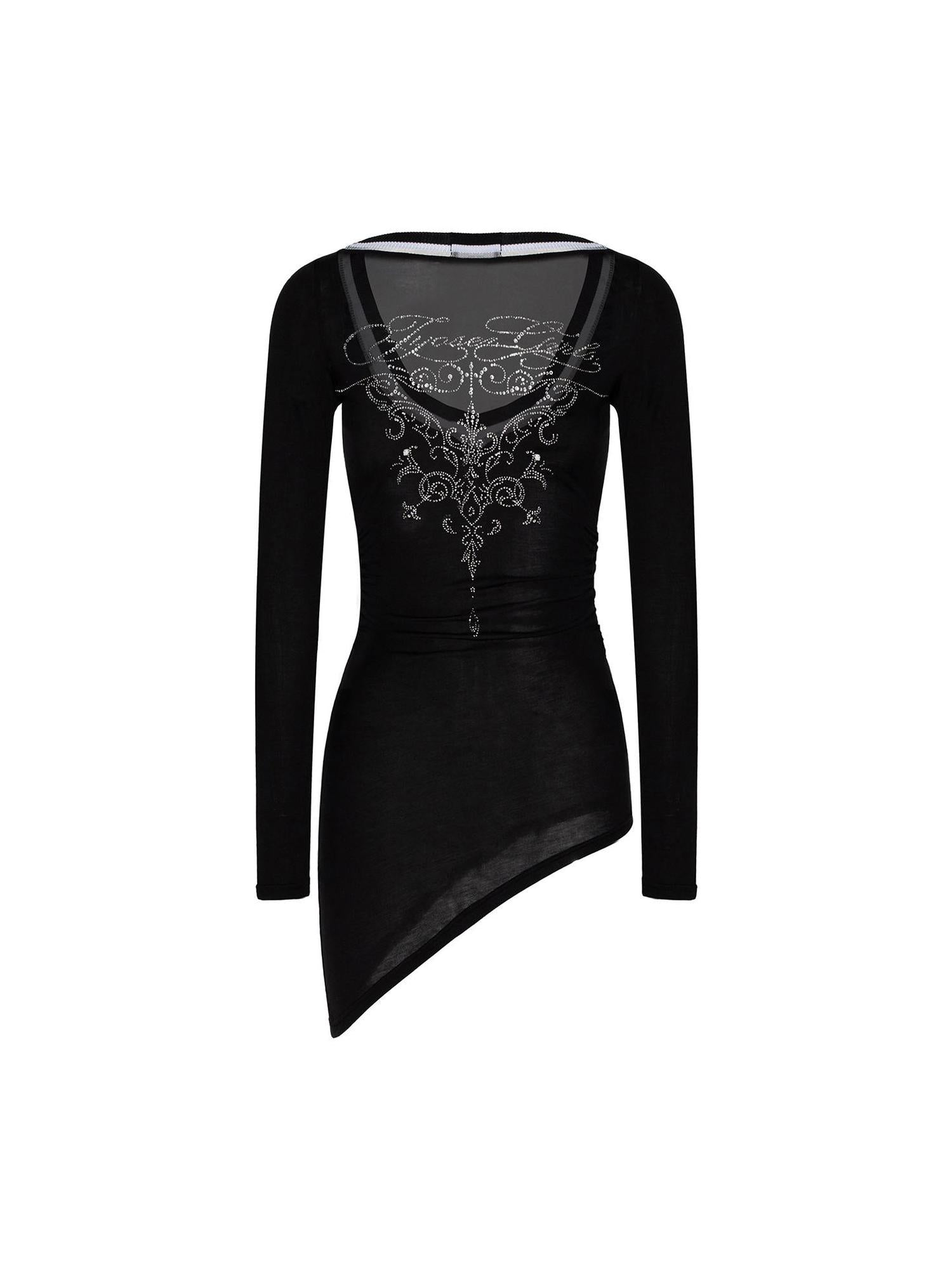 JYOSEI Irregular Bias Cut V Neck Mesh Paneled Ruched Bodycon Knit Top