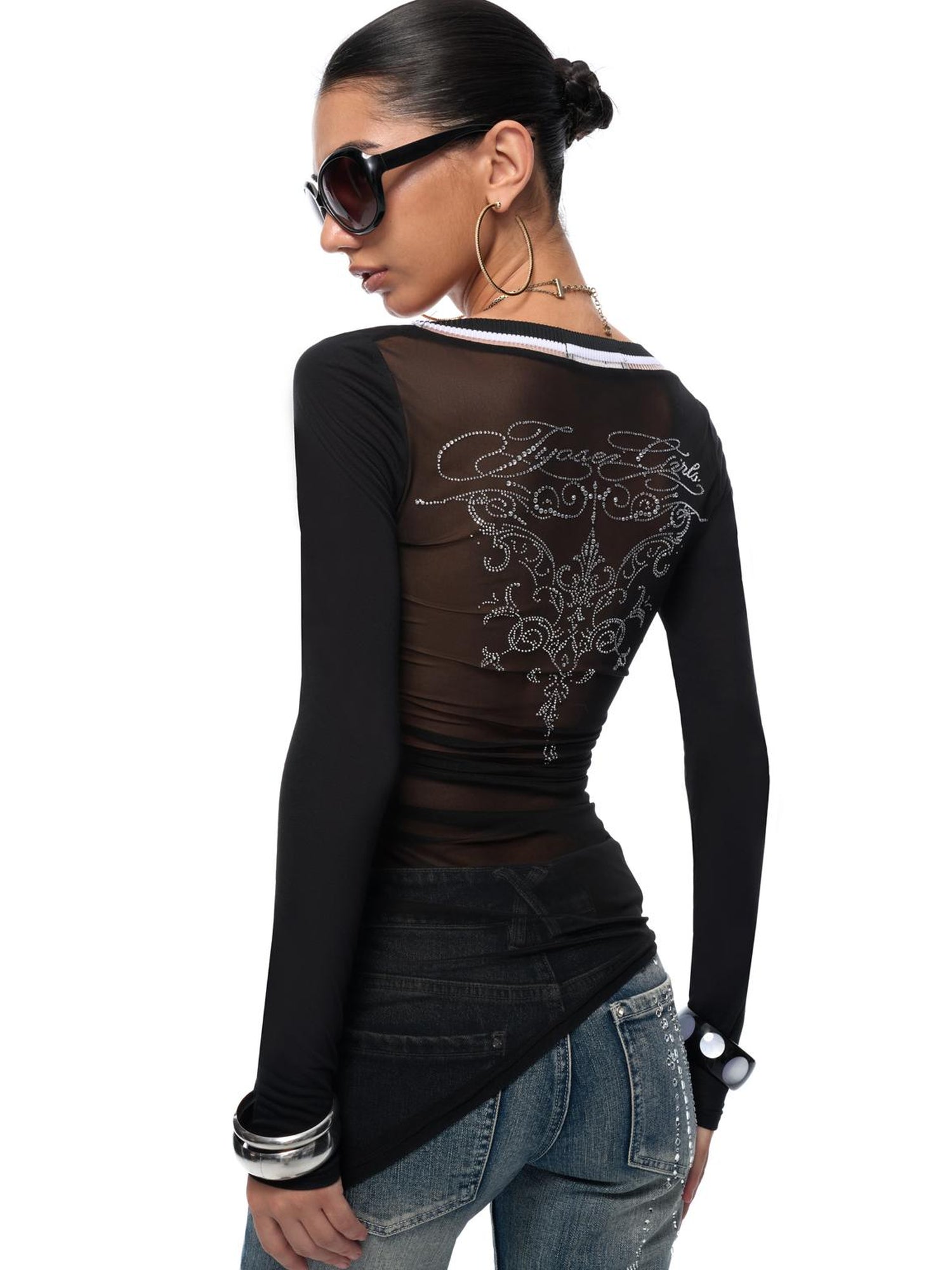 JYOSEI Irregular Bias Cut V Neck Mesh Paneled Ruched Bodycon Knit Top