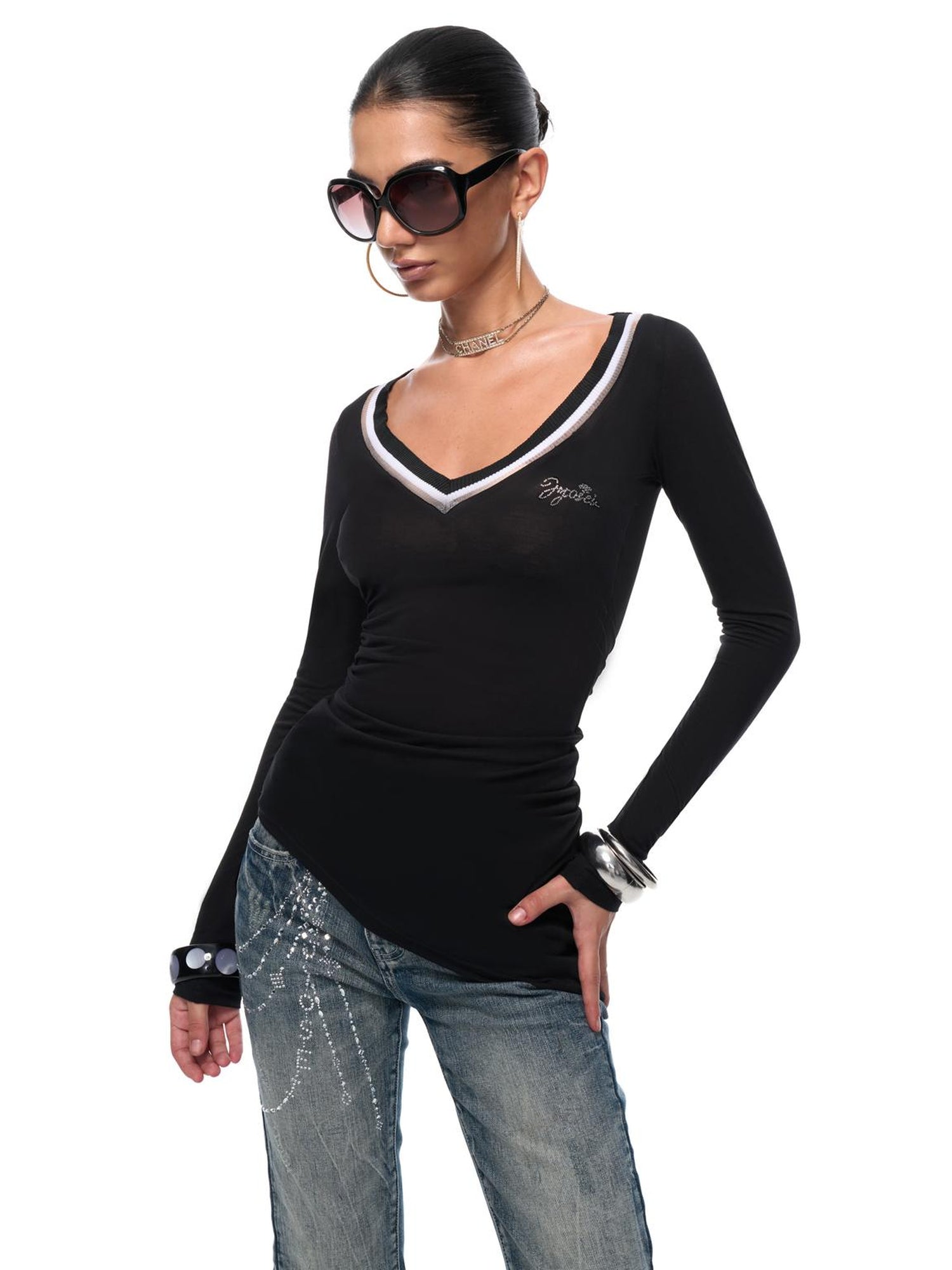 JYOSEI Irregular Bias Cut V Neck Mesh Paneled Ruched Bodycon Knit Top