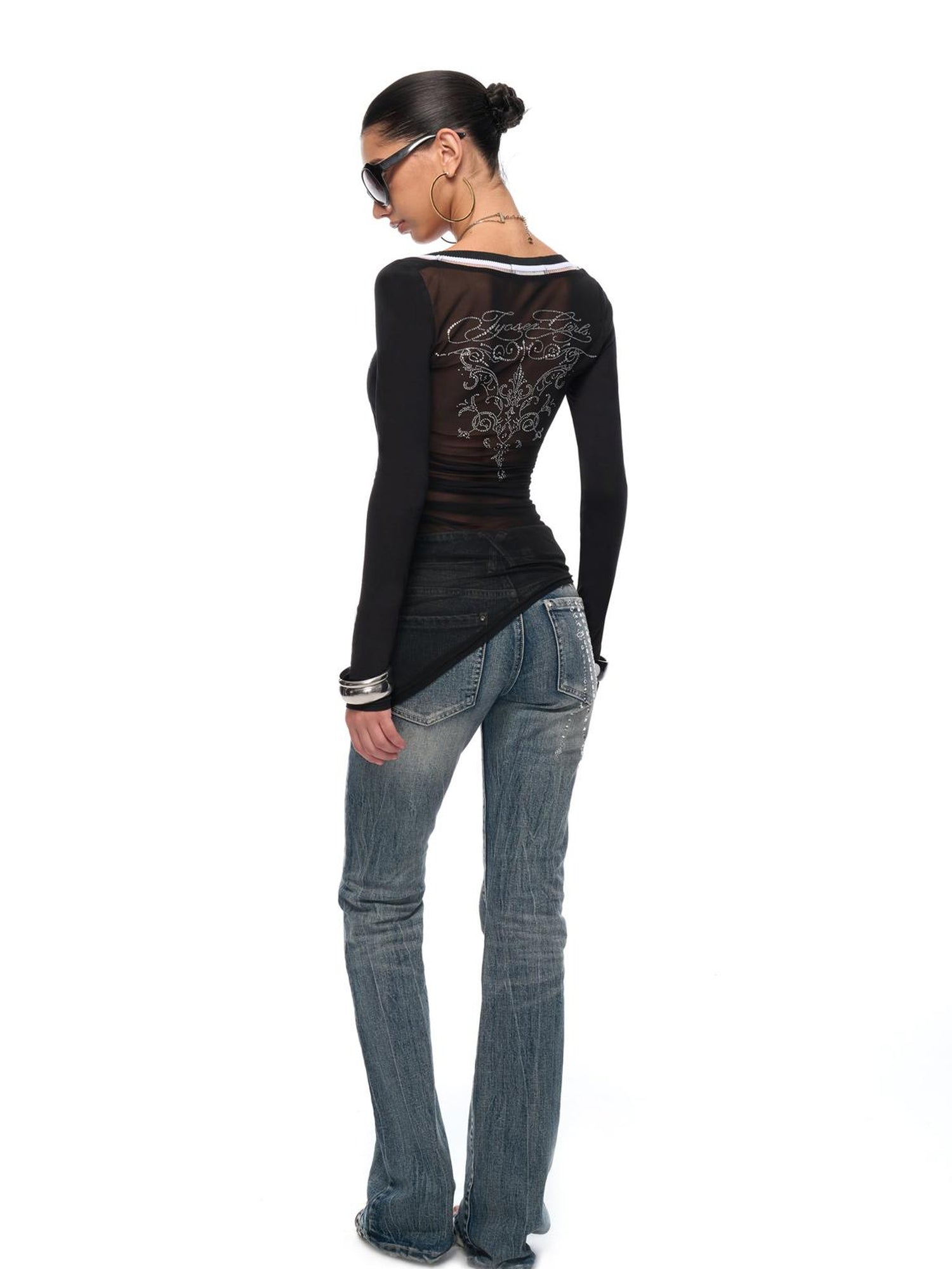 JYOSEI Irregular Bias Cut V Neck Mesh Paneled Ruched Bodycon Knit Top