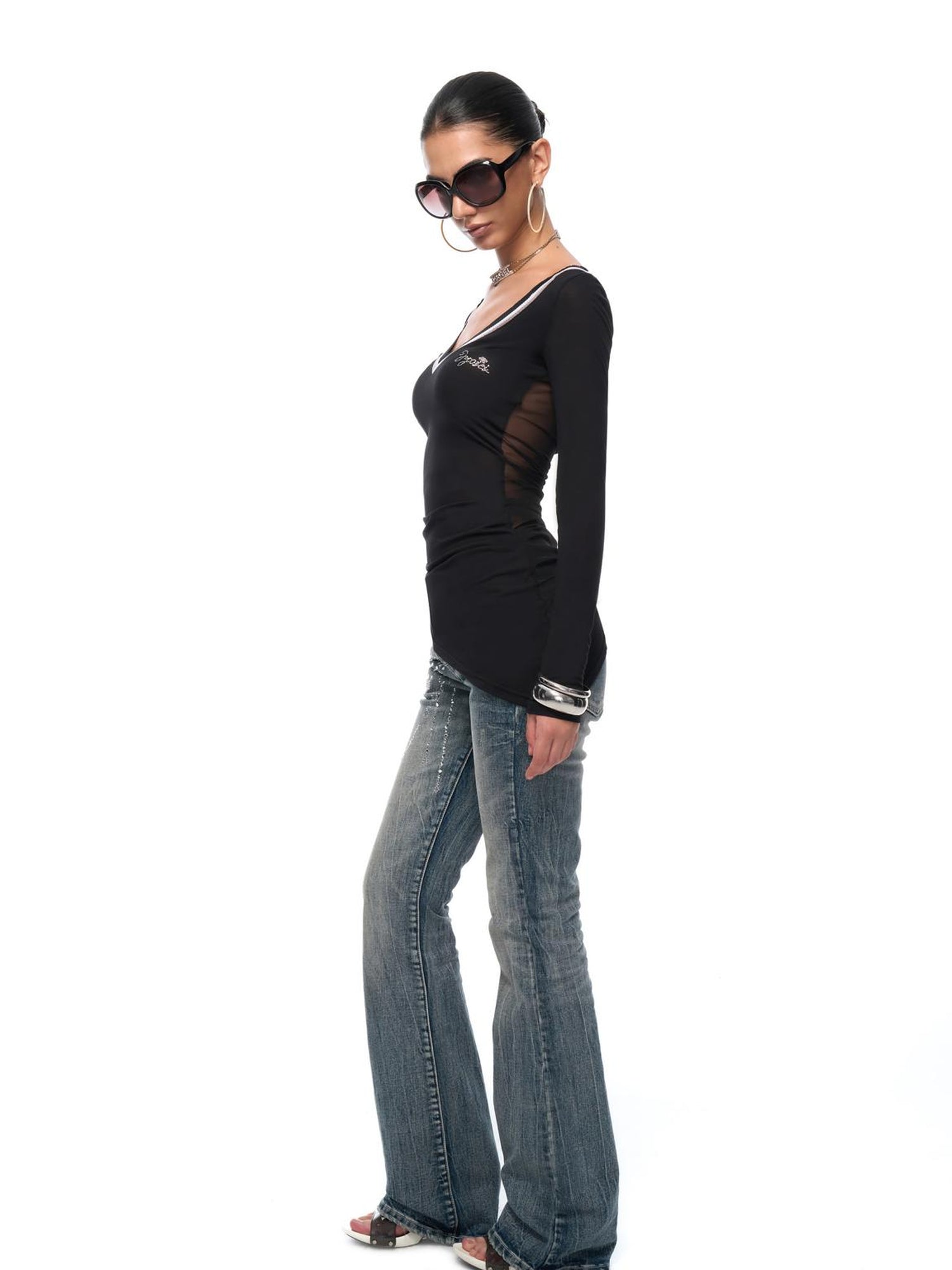 JYOSEI Irregular Bias Cut V Neck Mesh Paneled Ruched Bodycon Knit Top