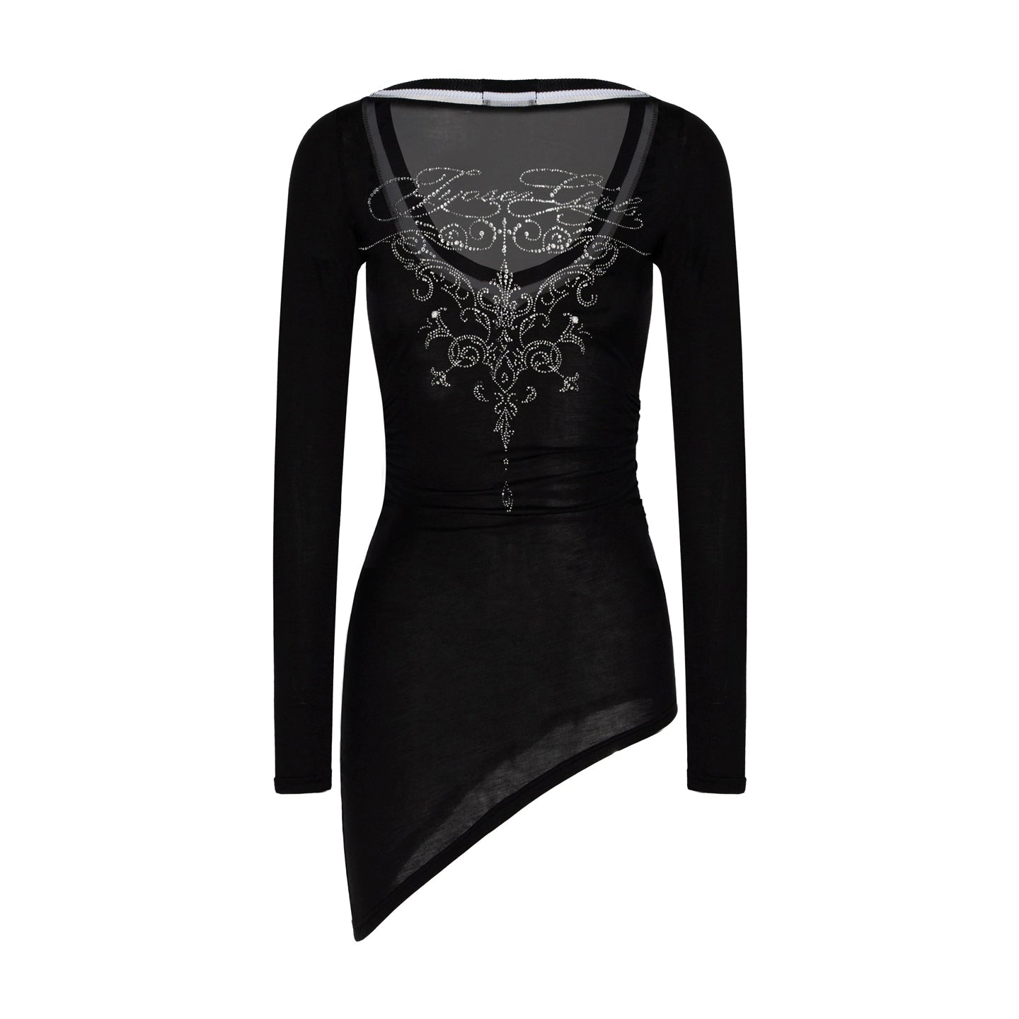 JYOSEI_Irregular_Bias_Cut_V_Neck_Mesh_Paneled_Ruched_Bodycon_Knit_Top_MISSTT