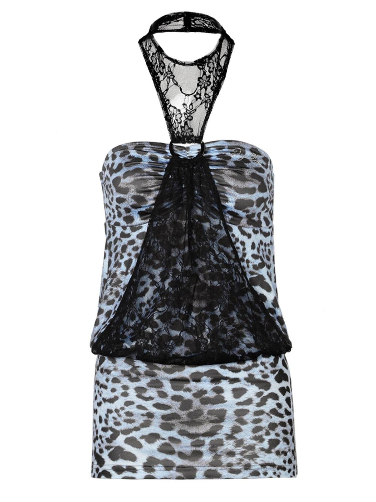 JYOSEI JYOSEI Blue Leopard Print Lace Trim Halter Bodycon Dress