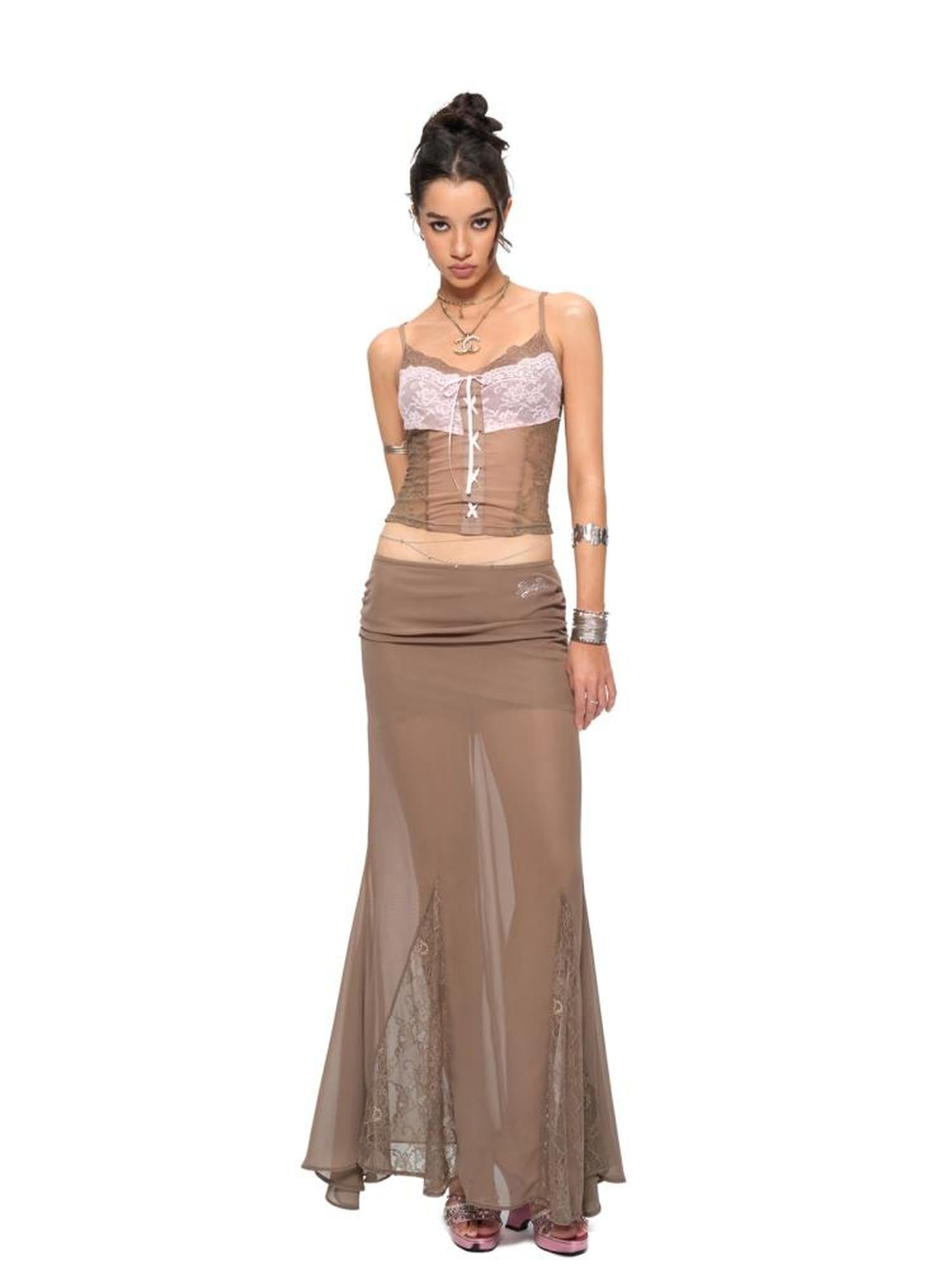 JYOSEI JYOSEL Pink Brown Lace Contrast Stretch Slim Vacation Camisole