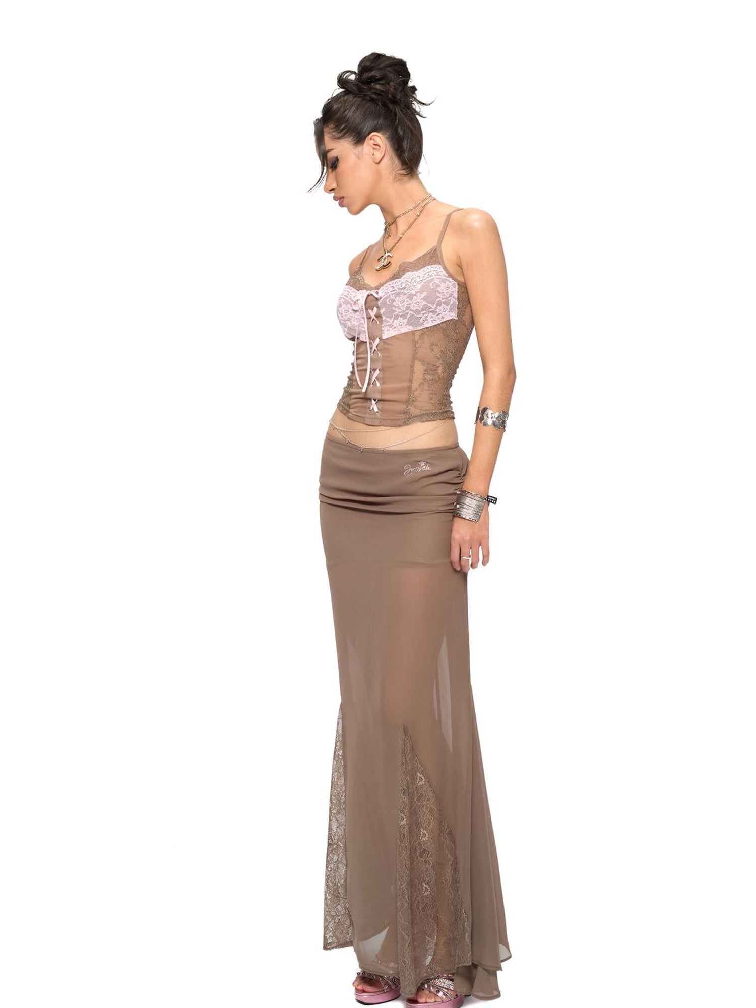 JYOSEI JYOSEL Pink Brown Lace Contrast Stretch Slim Vacation Camisole