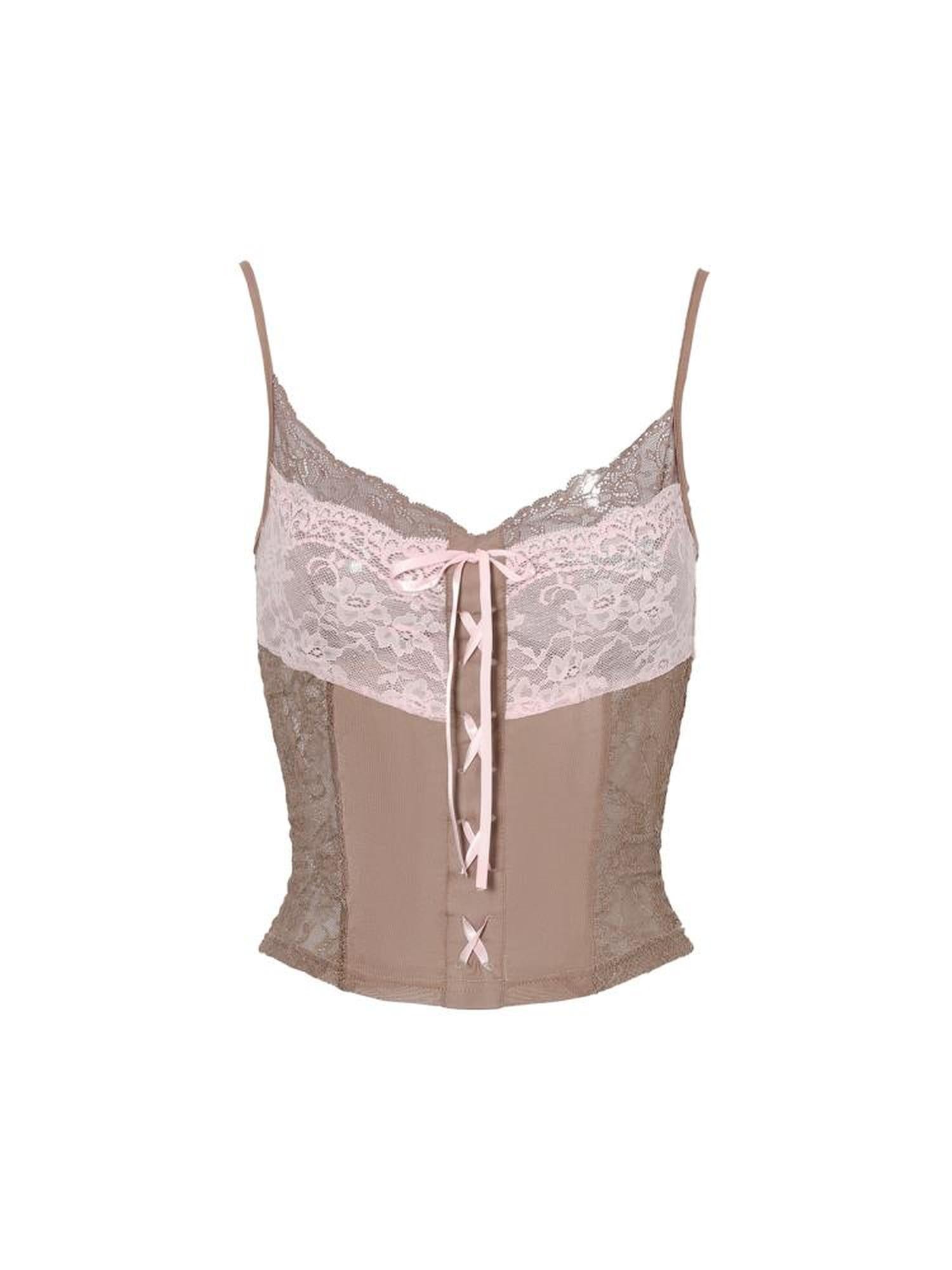 JYOSEI JYOSEL Pink Brown Lace Contrast Stretch Slim Vacation Camisole