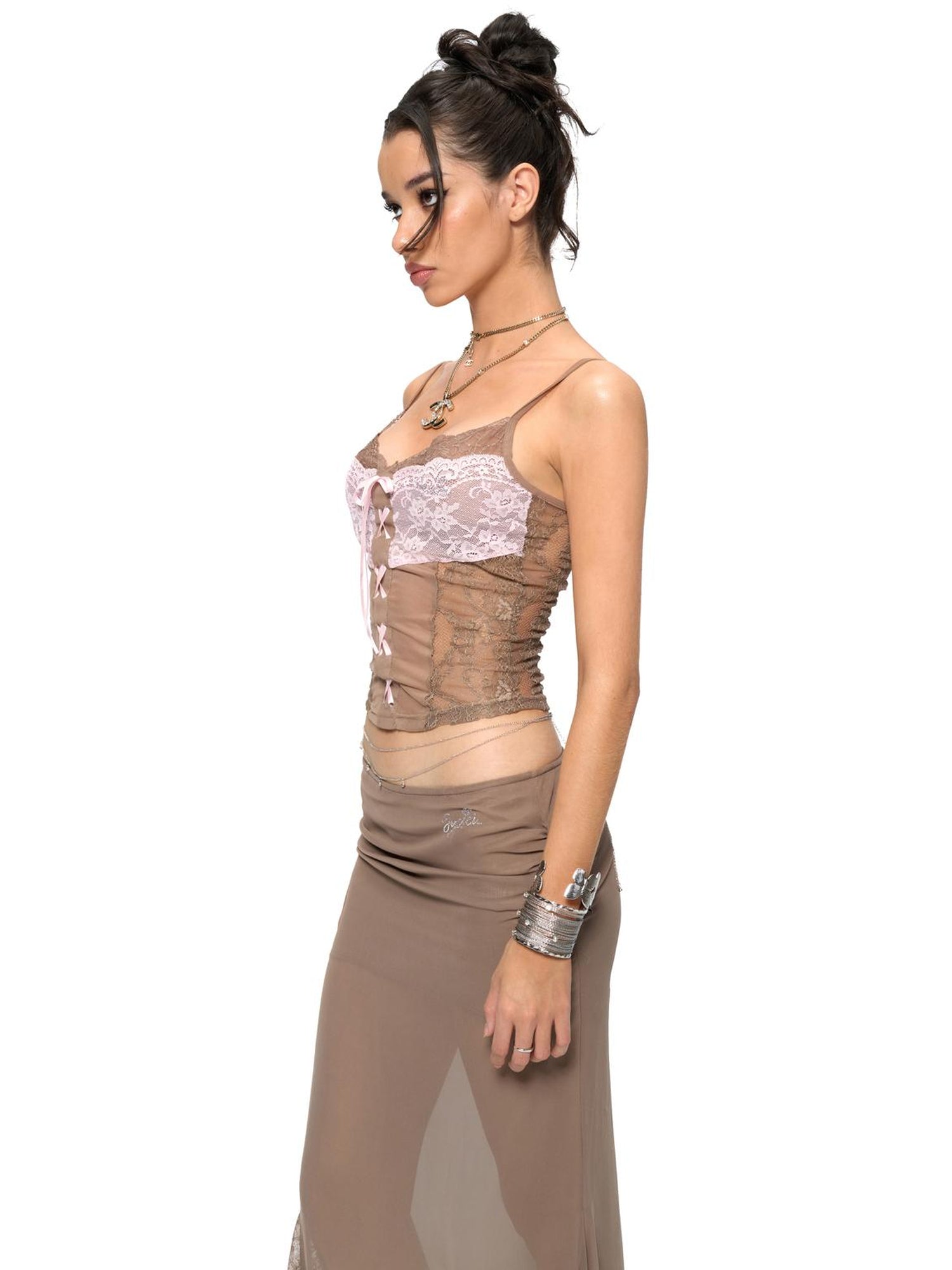 JYOSEI JYOSEL Pink Brown Lace Contrast Stretch Slim Vacation Camisole