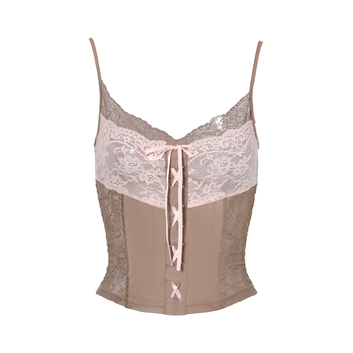 JYOSEI_JYOSEL_Pink_Brown_Lace_Contrast_Stretch_Slim_Vacation_Camisole_MISSTT