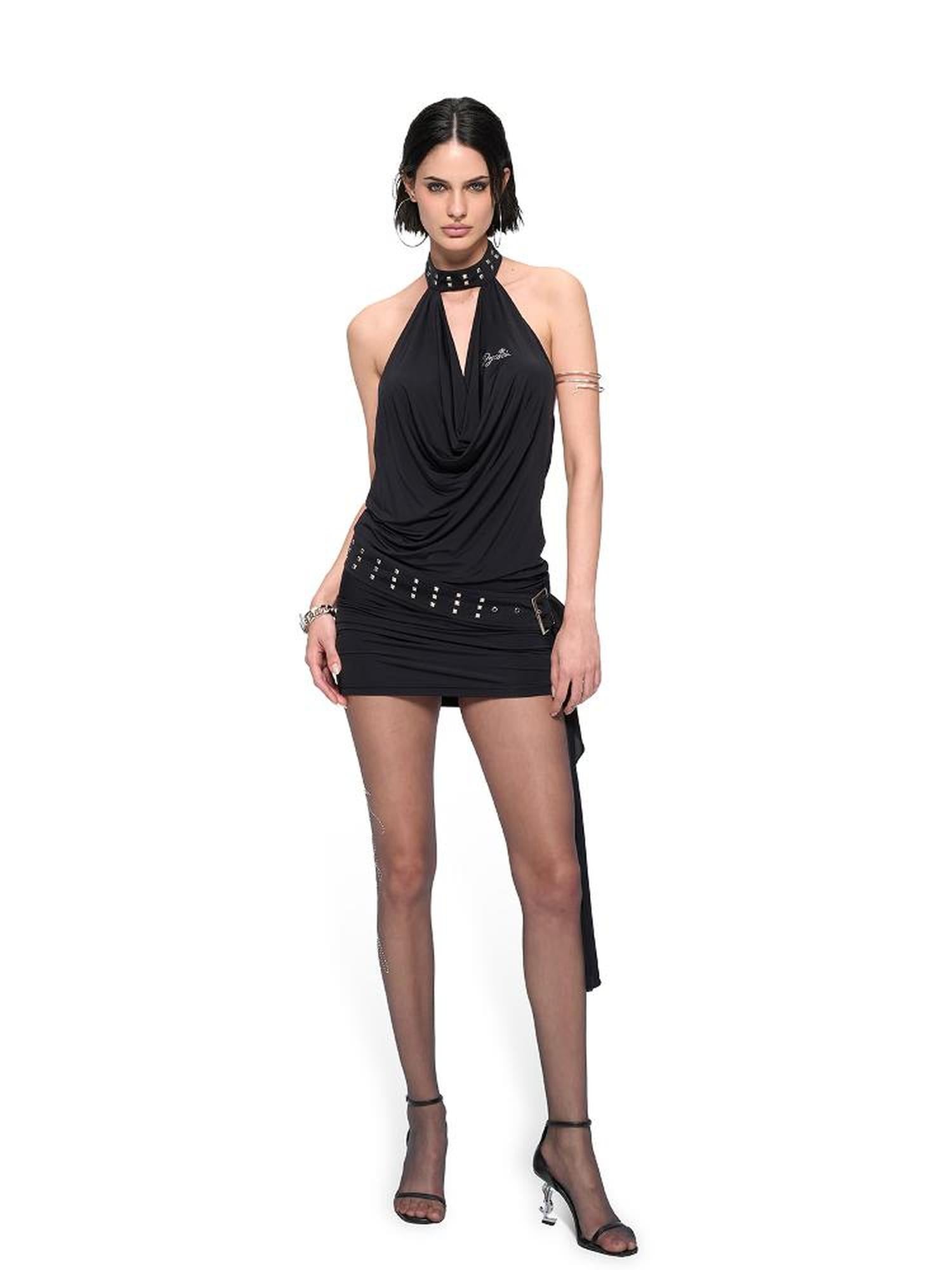 JYOSEI J Y O S E I Black Sheer Halter Cowl Backless Bodycon Mini Dress