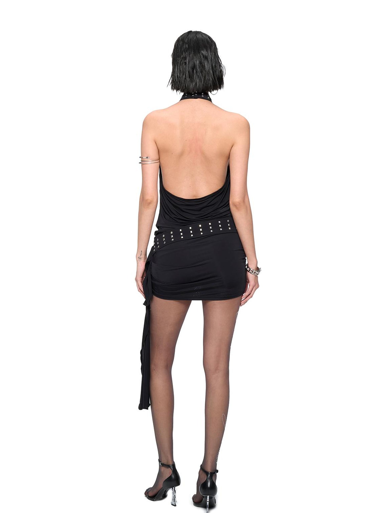 JYOSEI J Y O S E I Black Sheer Halter Cowl Backless Bodycon Mini Dress
