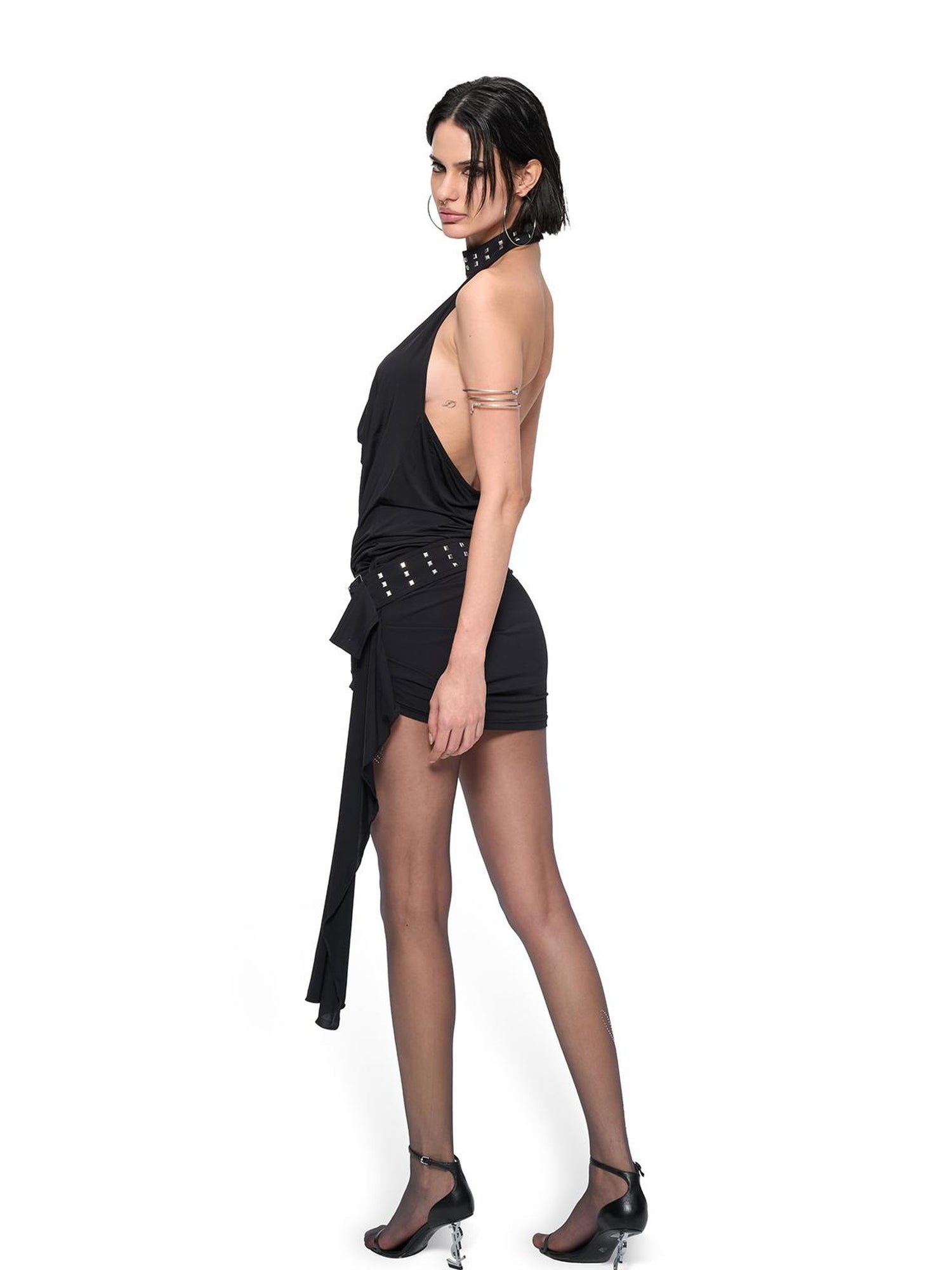 JYOSEI J Y O S E I Black Sheer Halter Cowl Backless Bodycon Mini Dress