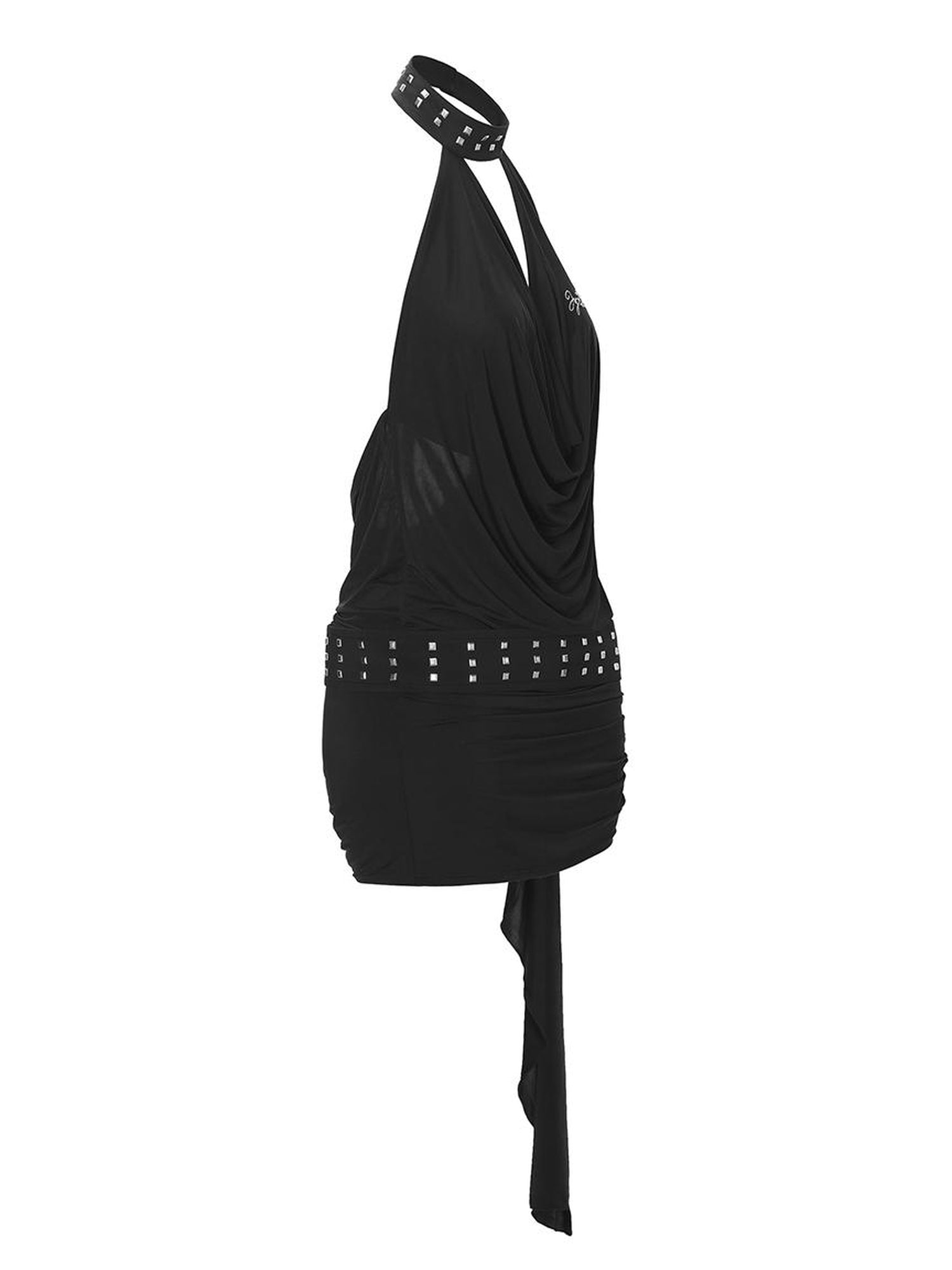 JYOSEI J Y O S E I Black Sheer Halter Cowl Backless Bodycon Mini Dress