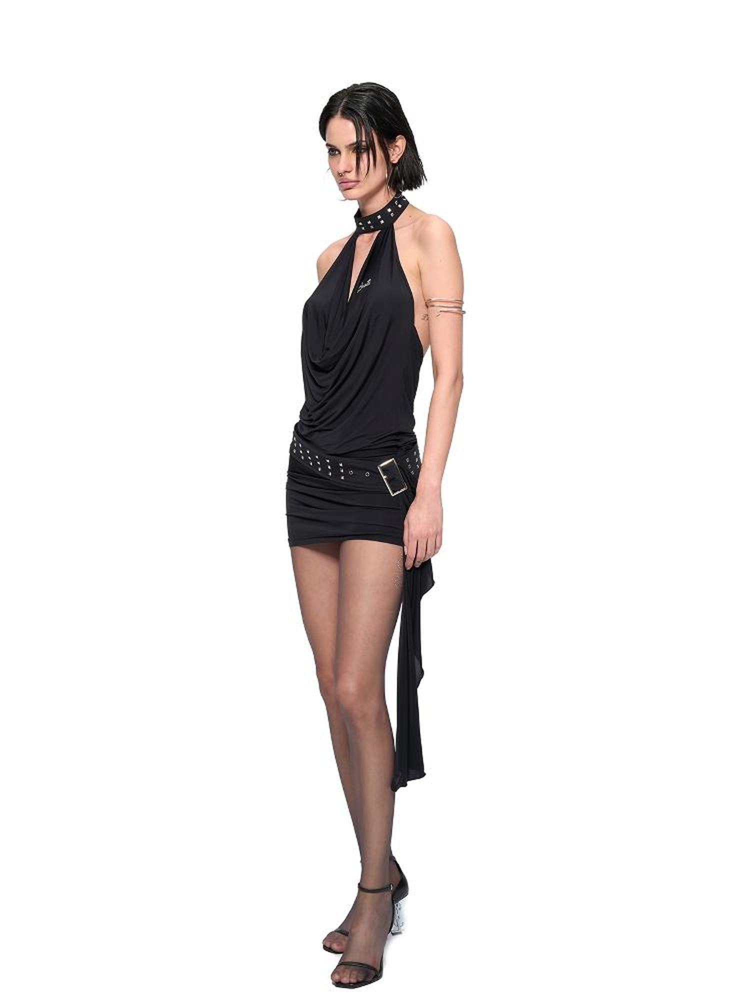 JYOSEI J Y O S E I Black Sheer Halter Cowl Backless Bodycon Mini Dress