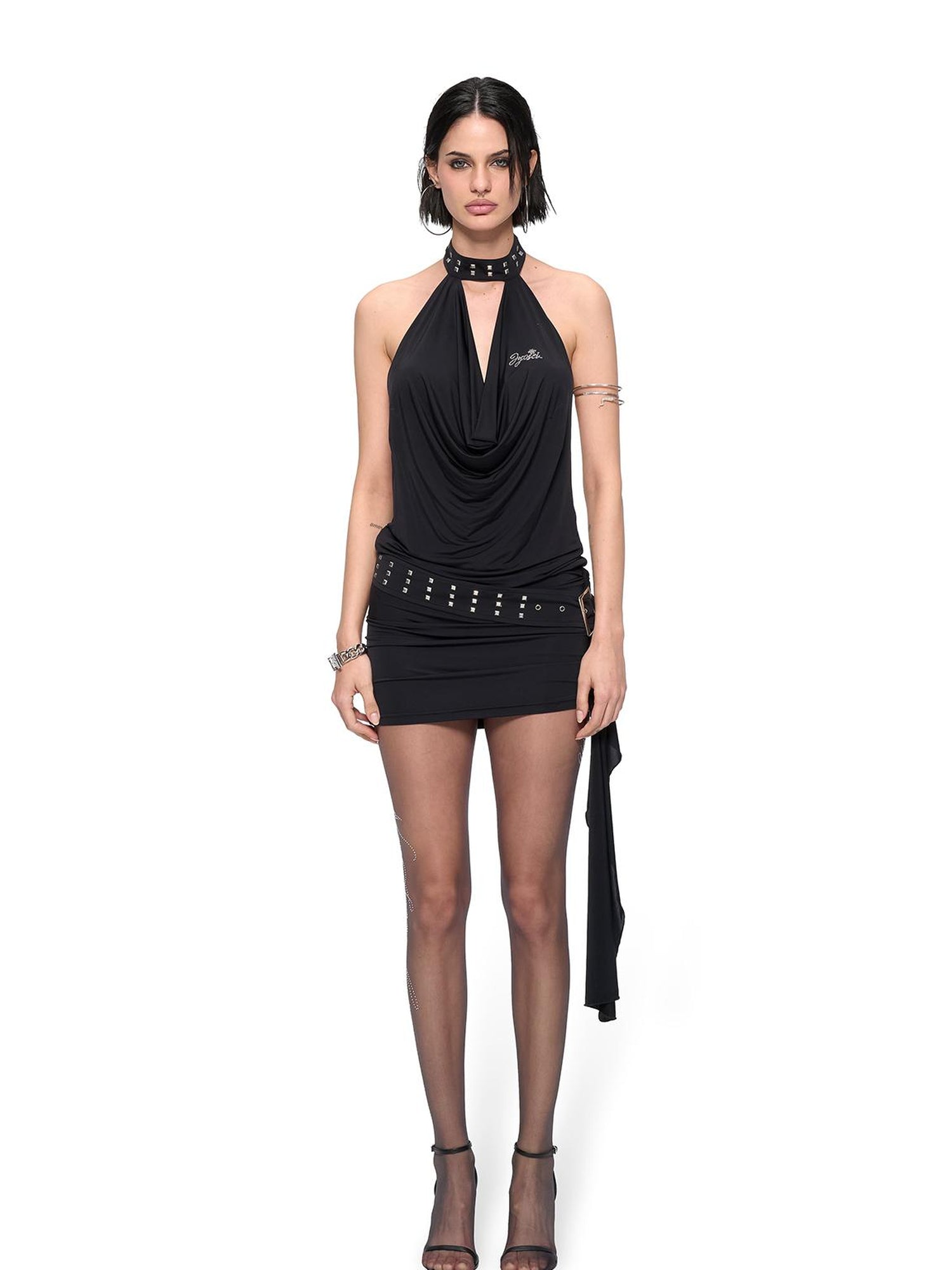 JYOSEI J Y O S E I Black Sheer Halter Cowl Backless Bodycon Mini Dress