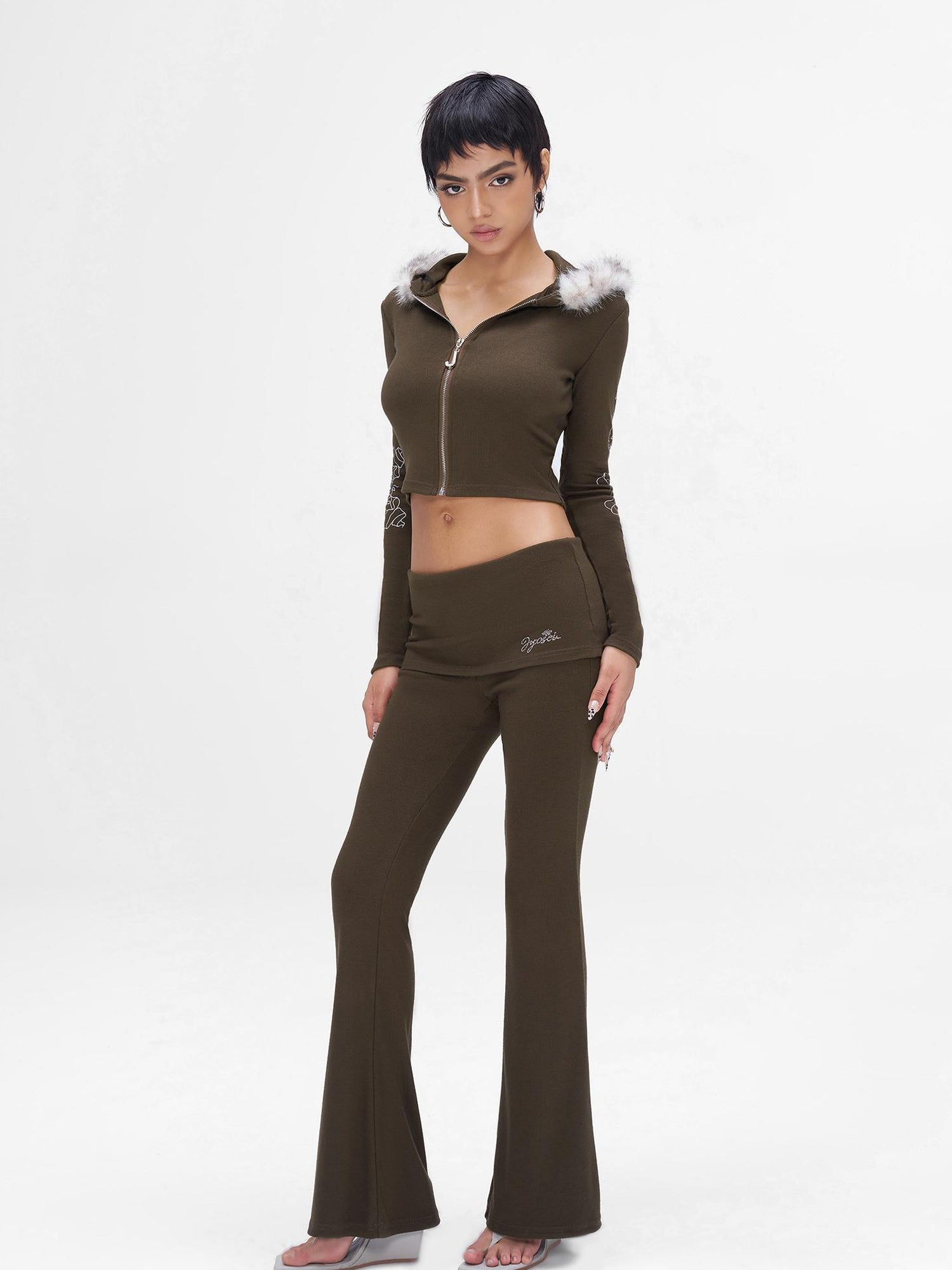 JYOSEI J Y O S E I Knit Crop Top With Print Faux Fur Hood Flared Pants Set