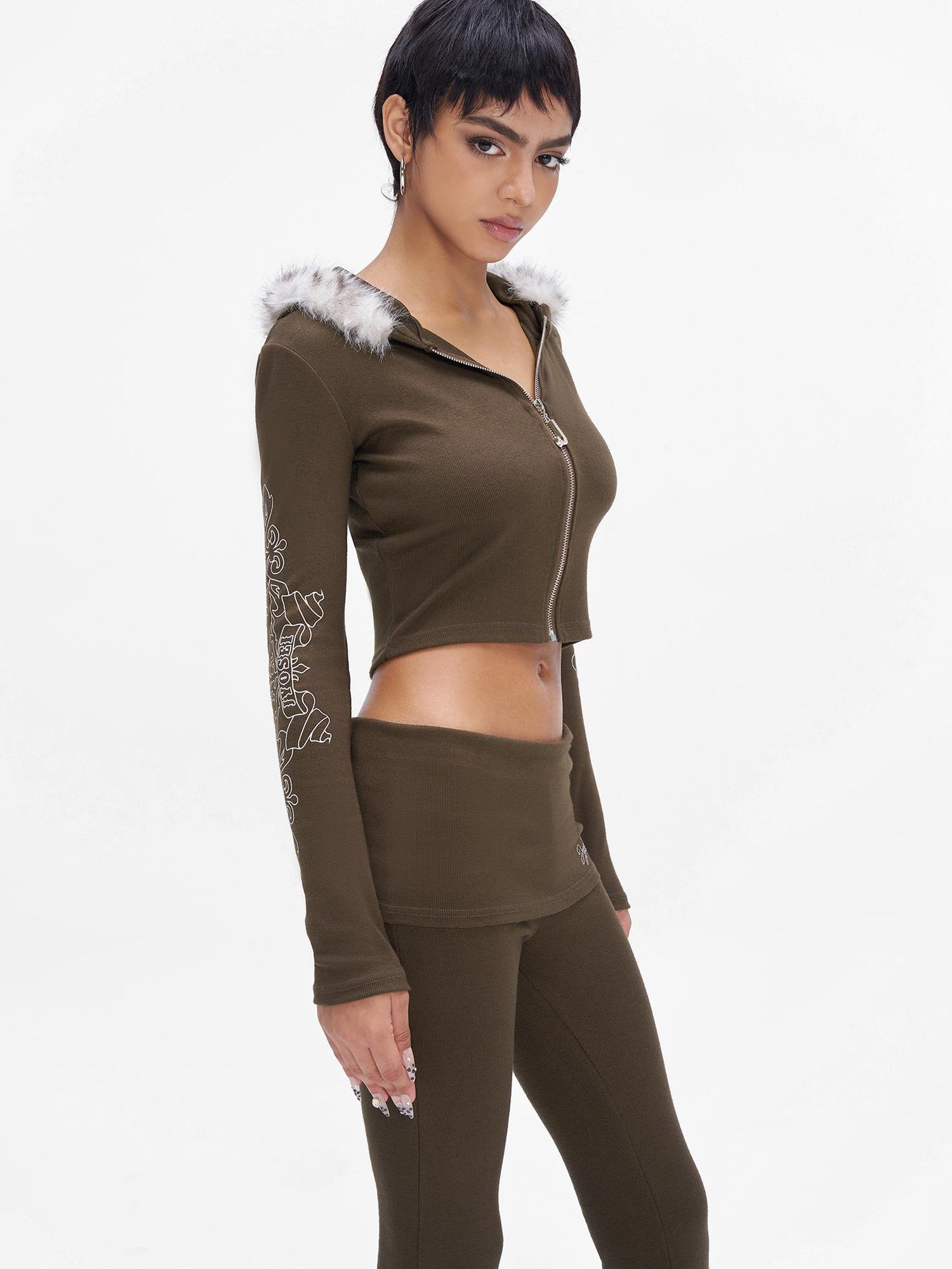 JYOSEI J Y O S E I Knit Crop Top With Print Faux Fur Hood Flared Pants Set