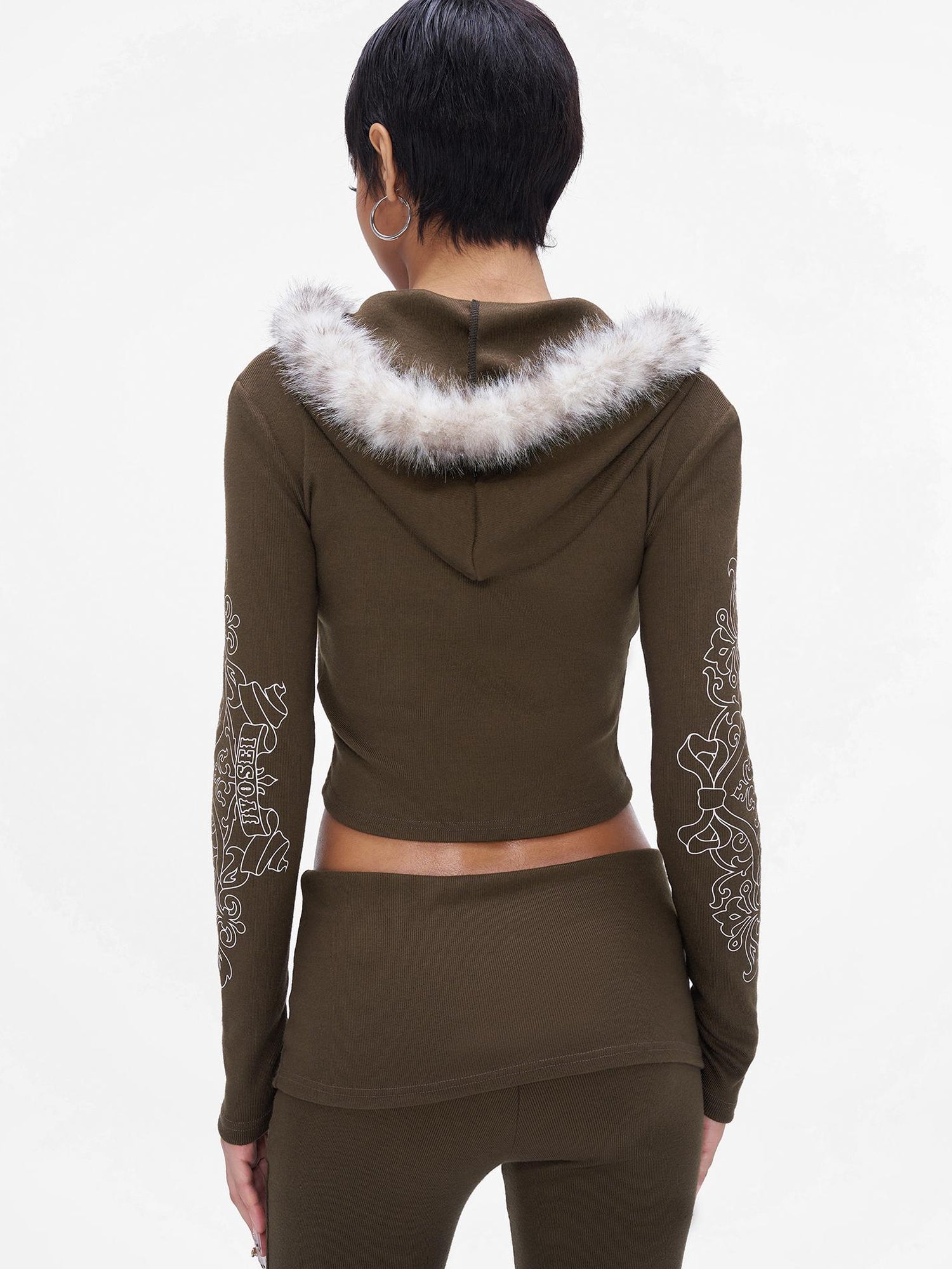 JYOSEI J Y O S E I Knit Crop Top With Print Faux Fur Hood Flared Pants Set