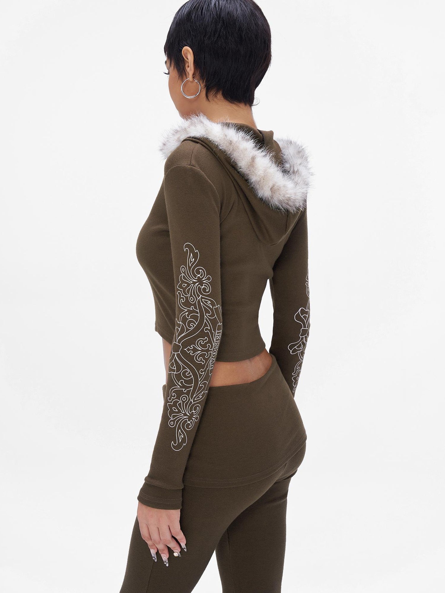 JYOSEI J Y O S E I Knit Crop Top With Print Faux Fur Hood Flared Pants Set