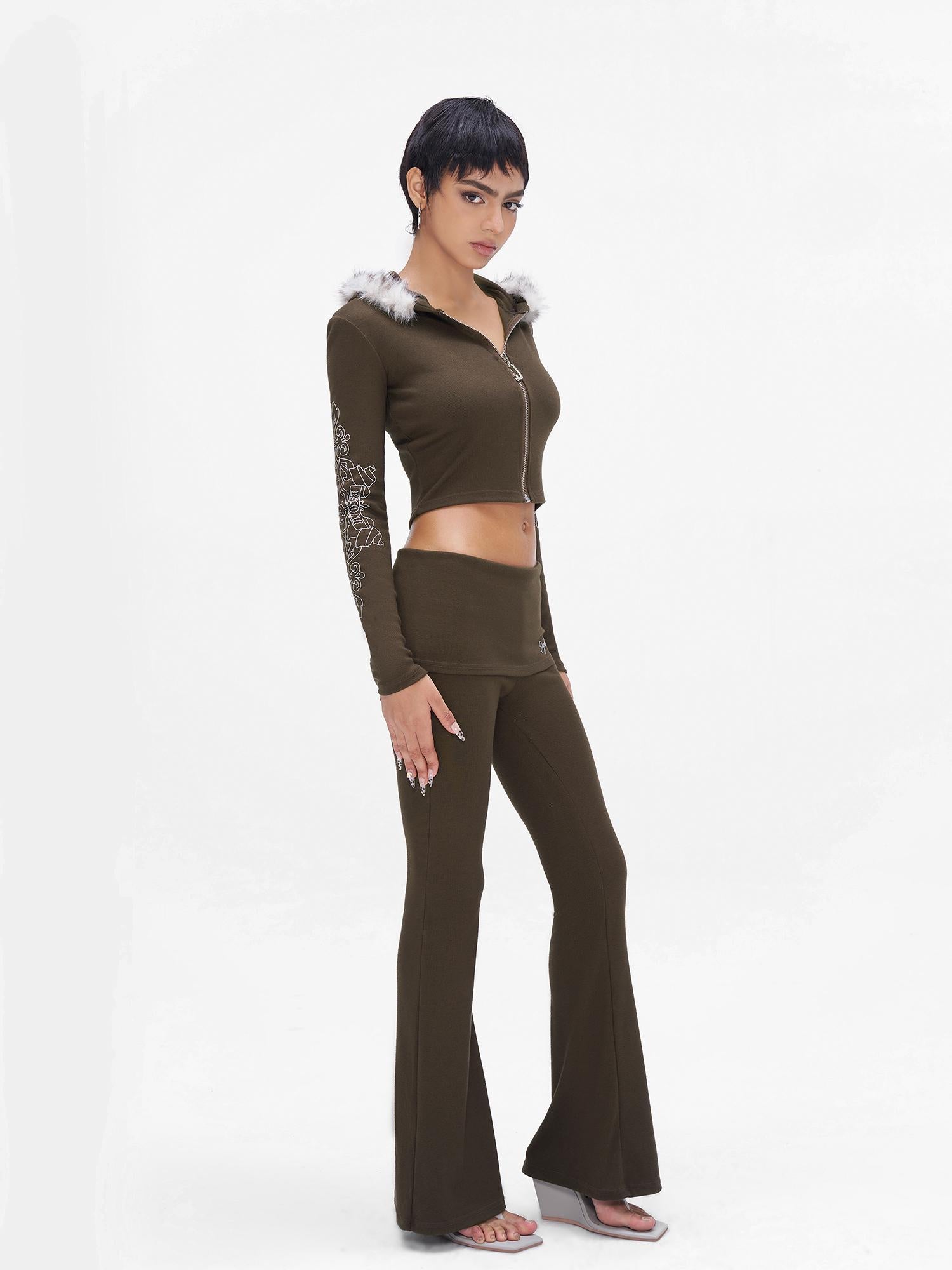 JYOSEI J Y O S E I Knit Crop Top With Print Faux Fur Hood Flared Pants Set