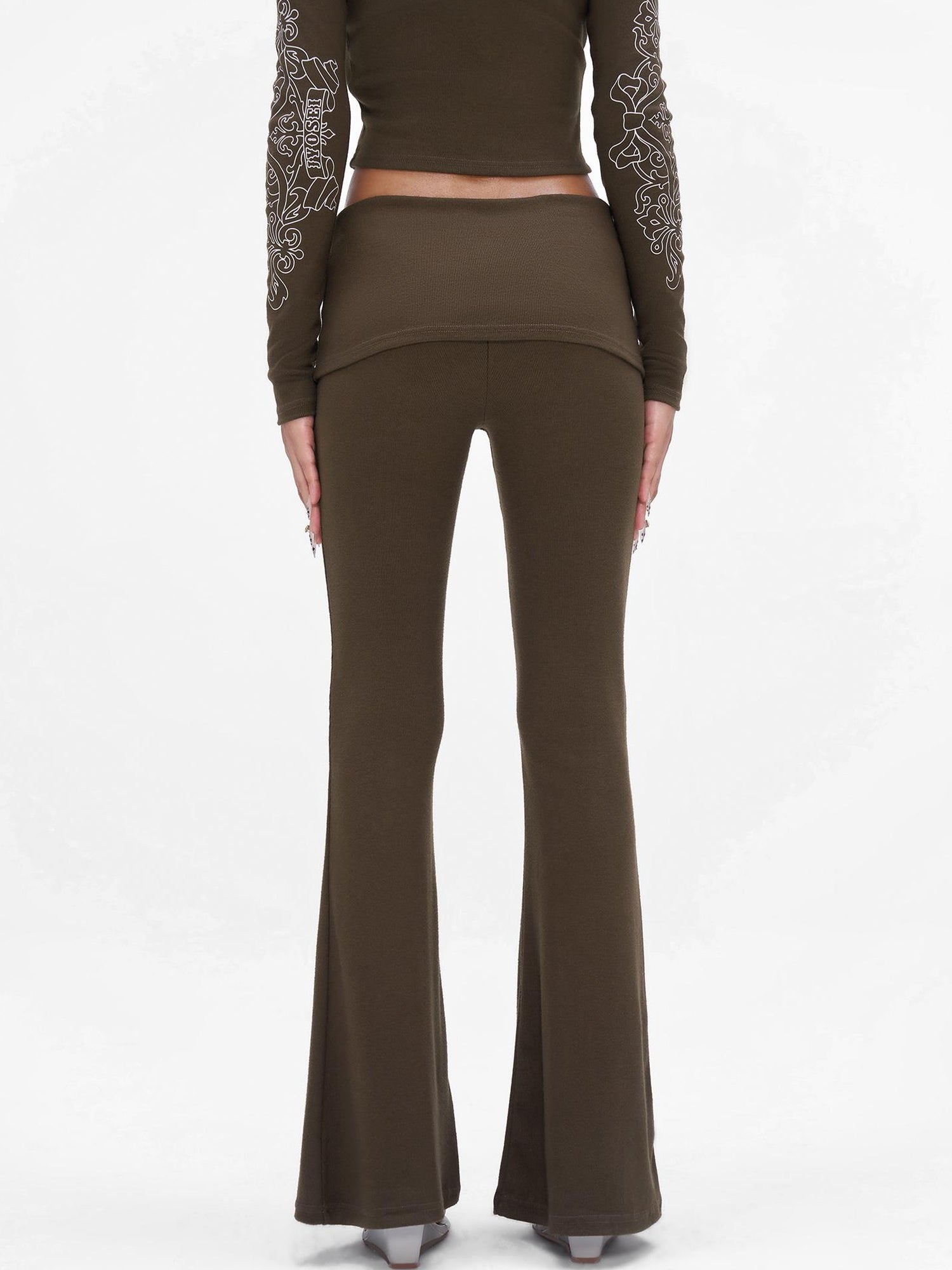 JYOSEI J Y O S E I Knit Crop Top With Print Faux Fur Hood Flared Pants Set