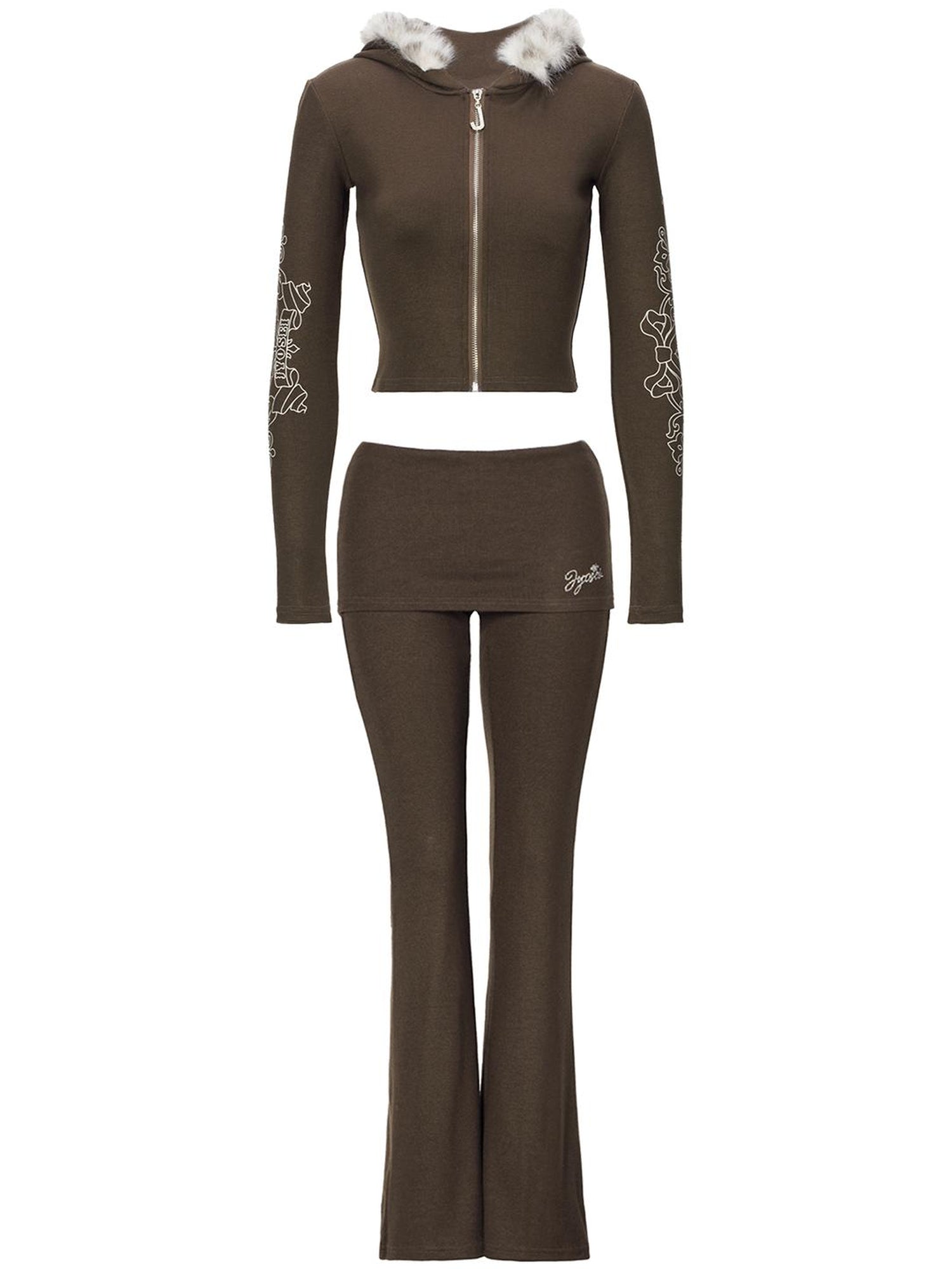 JYOSEI J Y O S E I Knit Crop Top With Print Faux Fur Hood Flared Pants Set