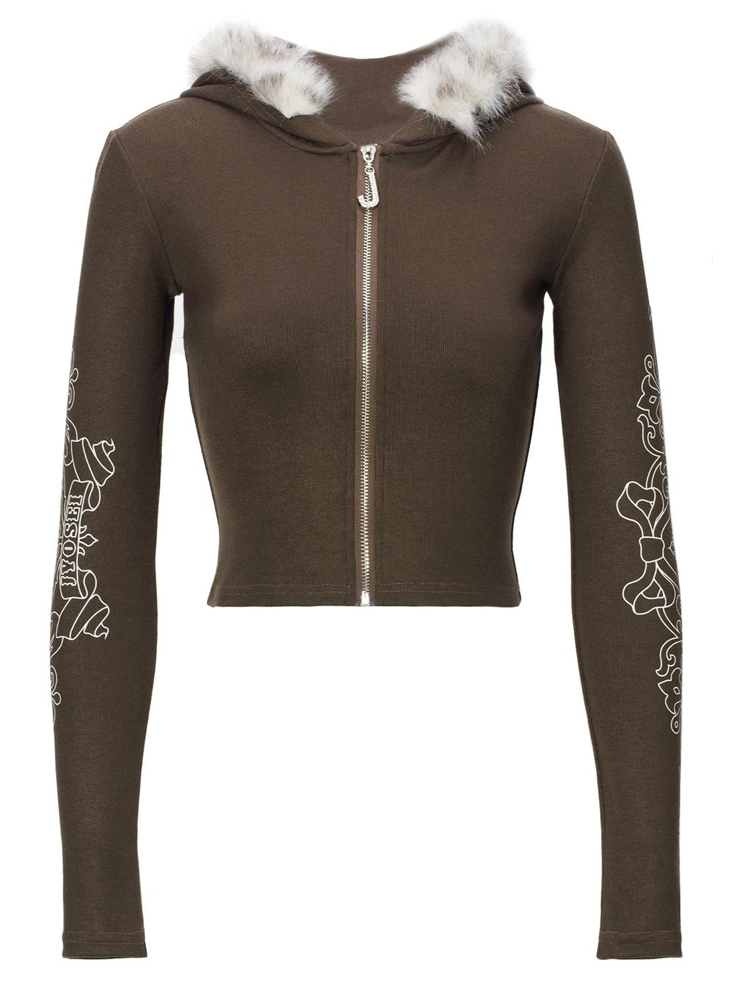 JYOSEI J Y O S E I Knit Crop Top With Print Faux Fur Hood Flared Pants Set